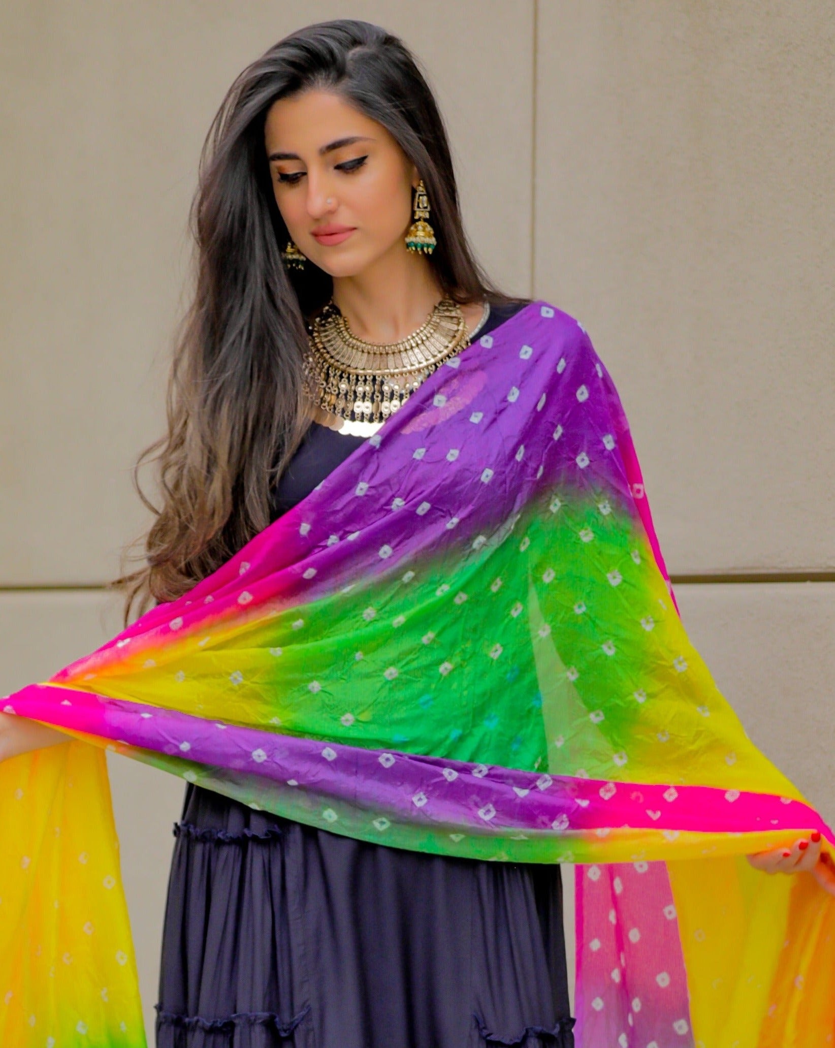 Jade Blue Suit Set With Multicoloured Dupatta