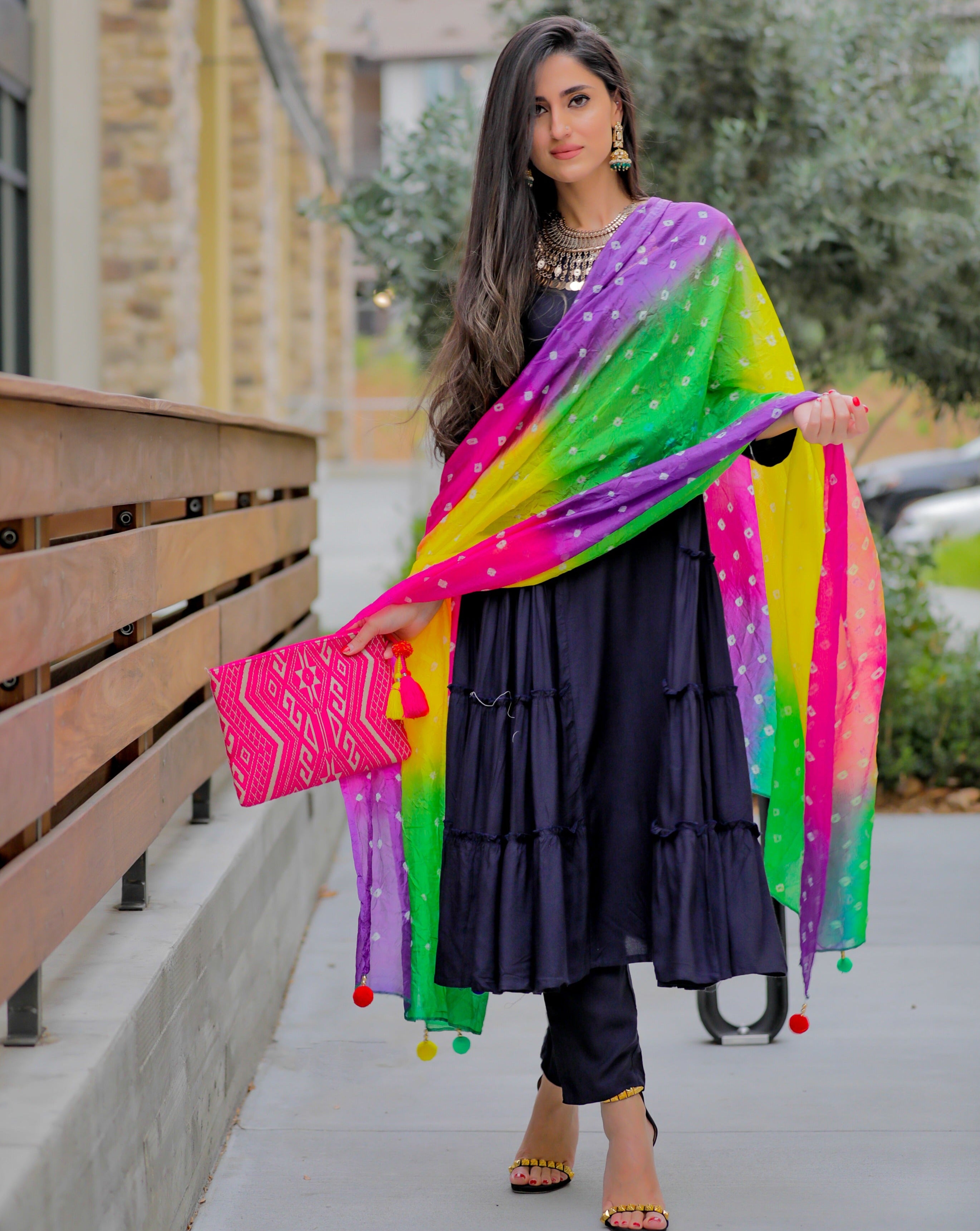 Jade Blue Suit Set With Multicoloured Dupatta