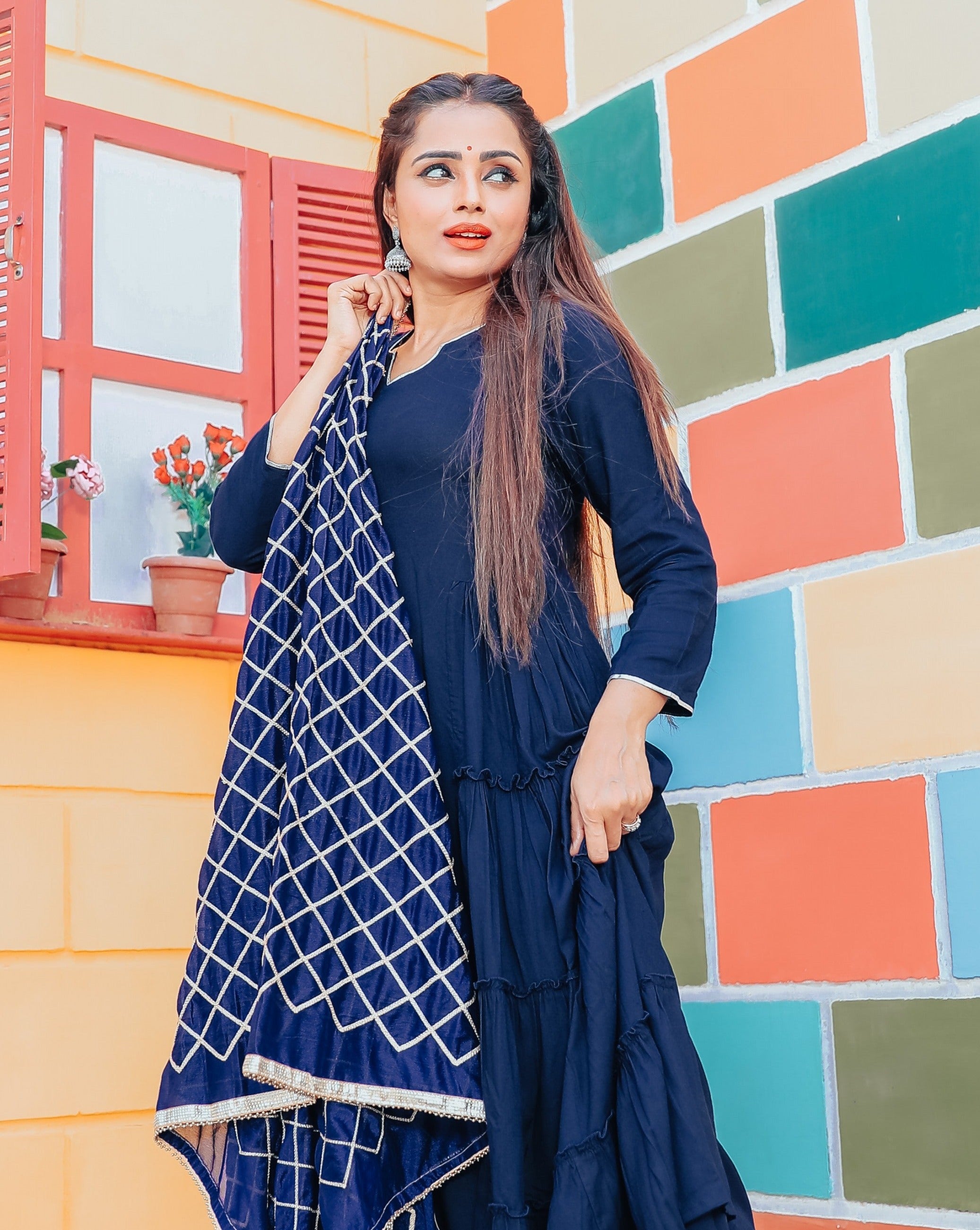Egyptian Blue Suit Set With Gotta Jaal Dupatta