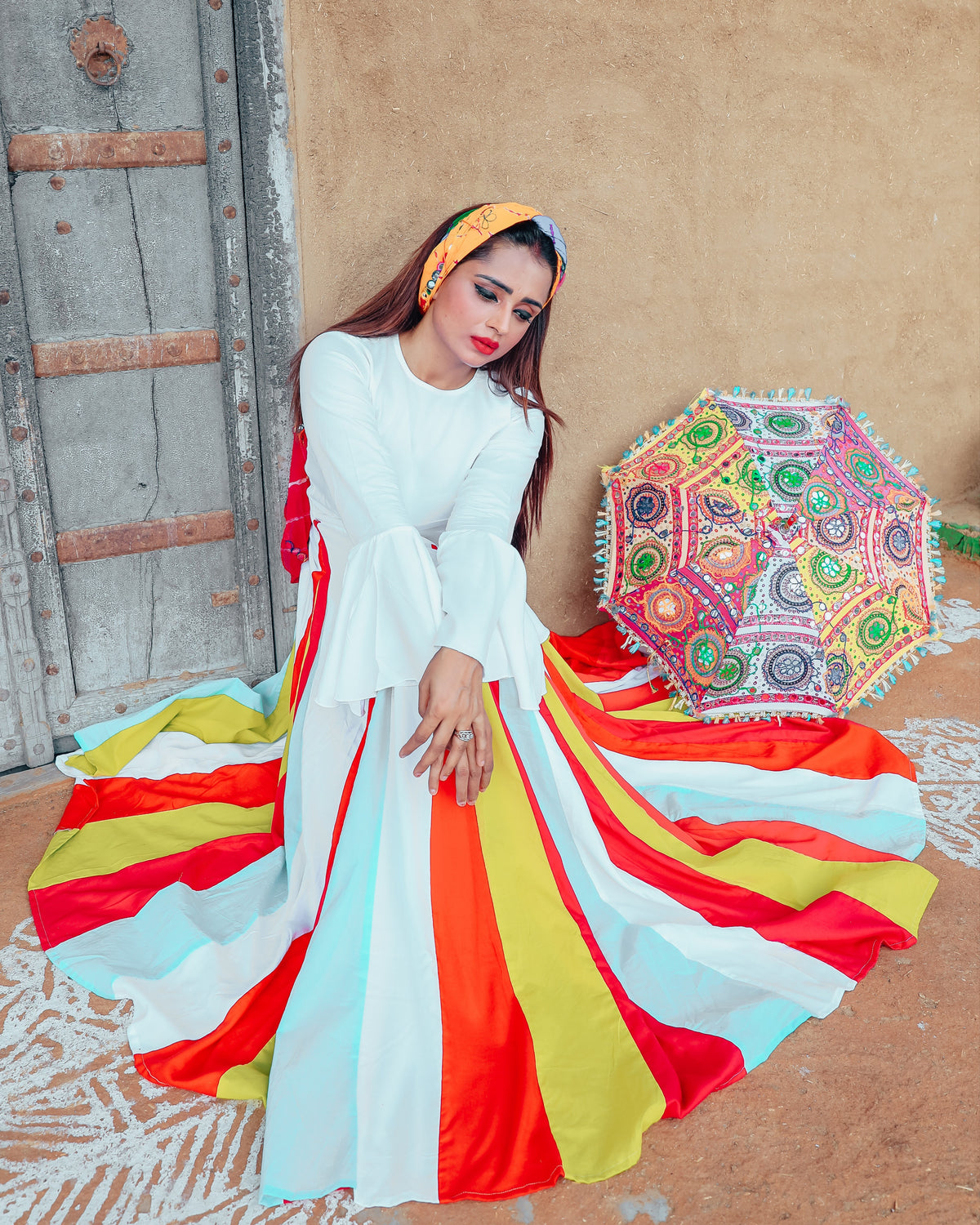 Multi Coloured Flared Snow Angrkha Set