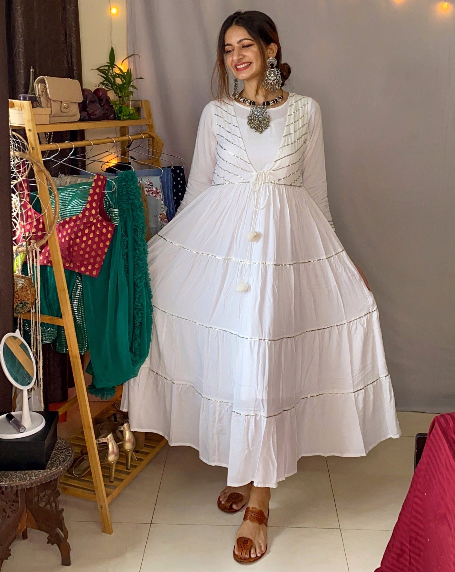 Beautiful white front tie cap dress with silver gotta work