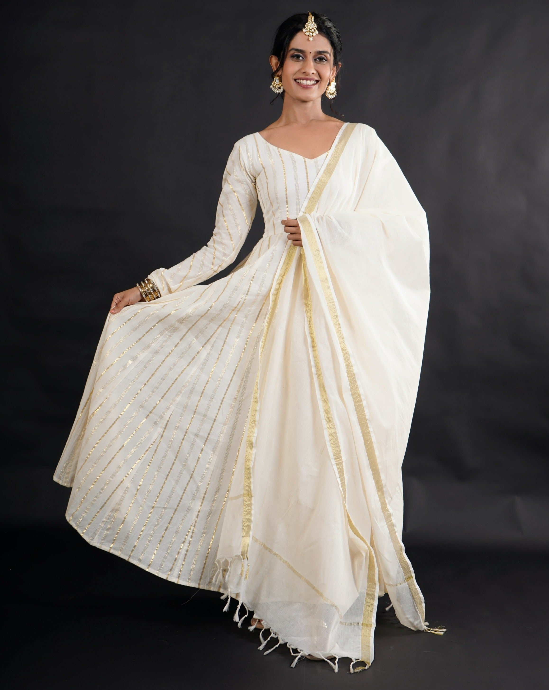 Gorgeous white cotton lurex Anarkali set