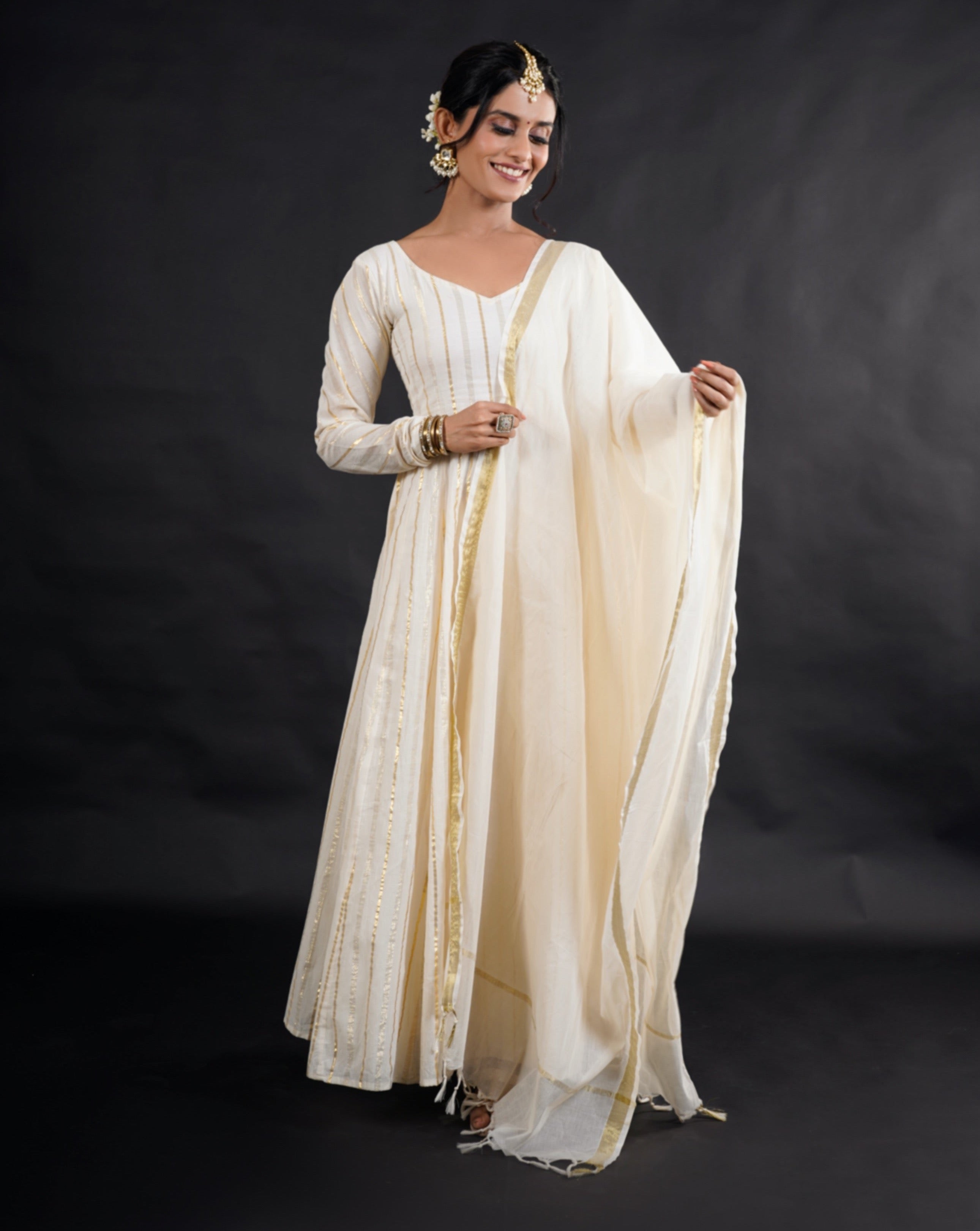 Gorgeous white cotton lurex Anarkali set