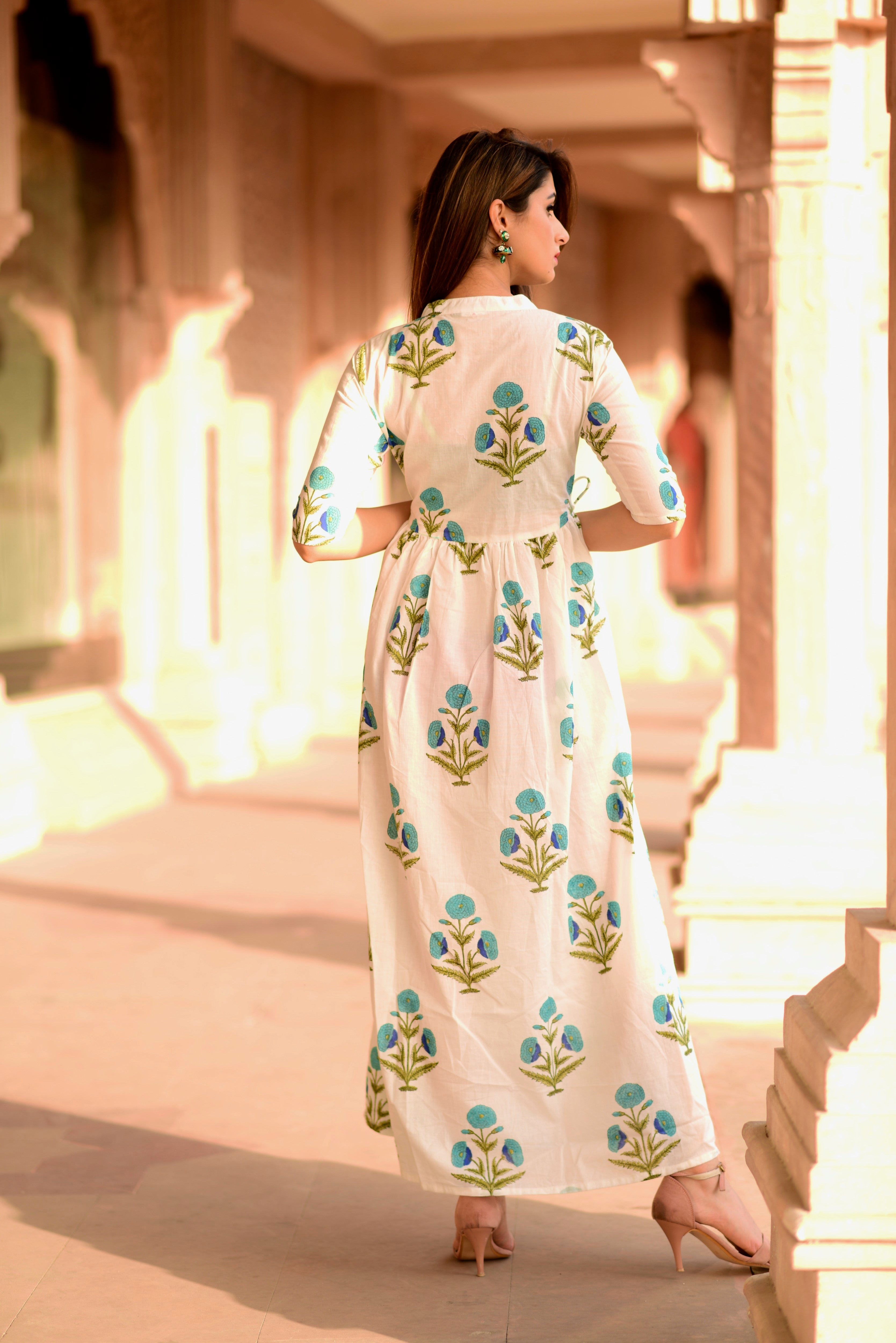 White & blue floral dress