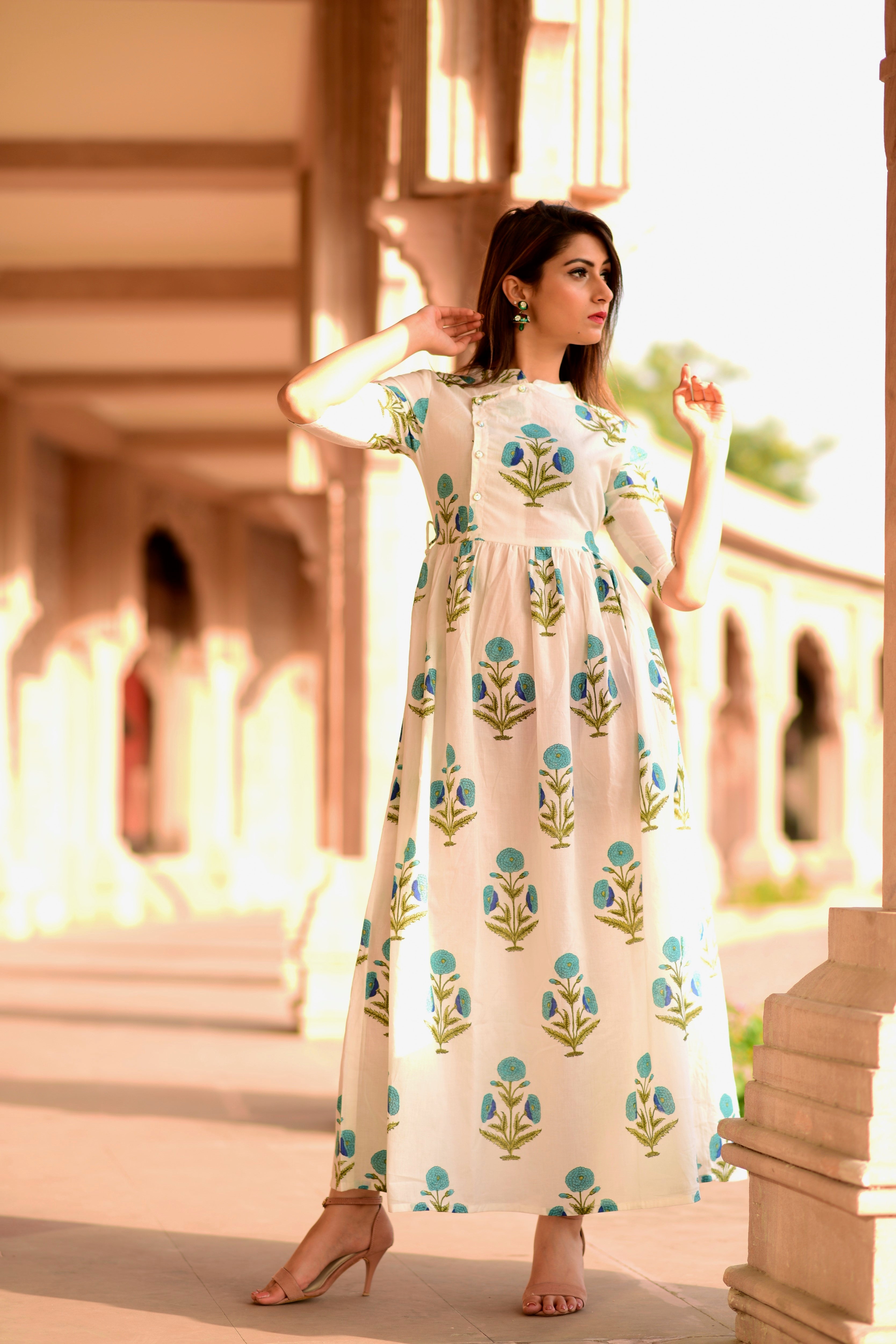 White & blue floral dress