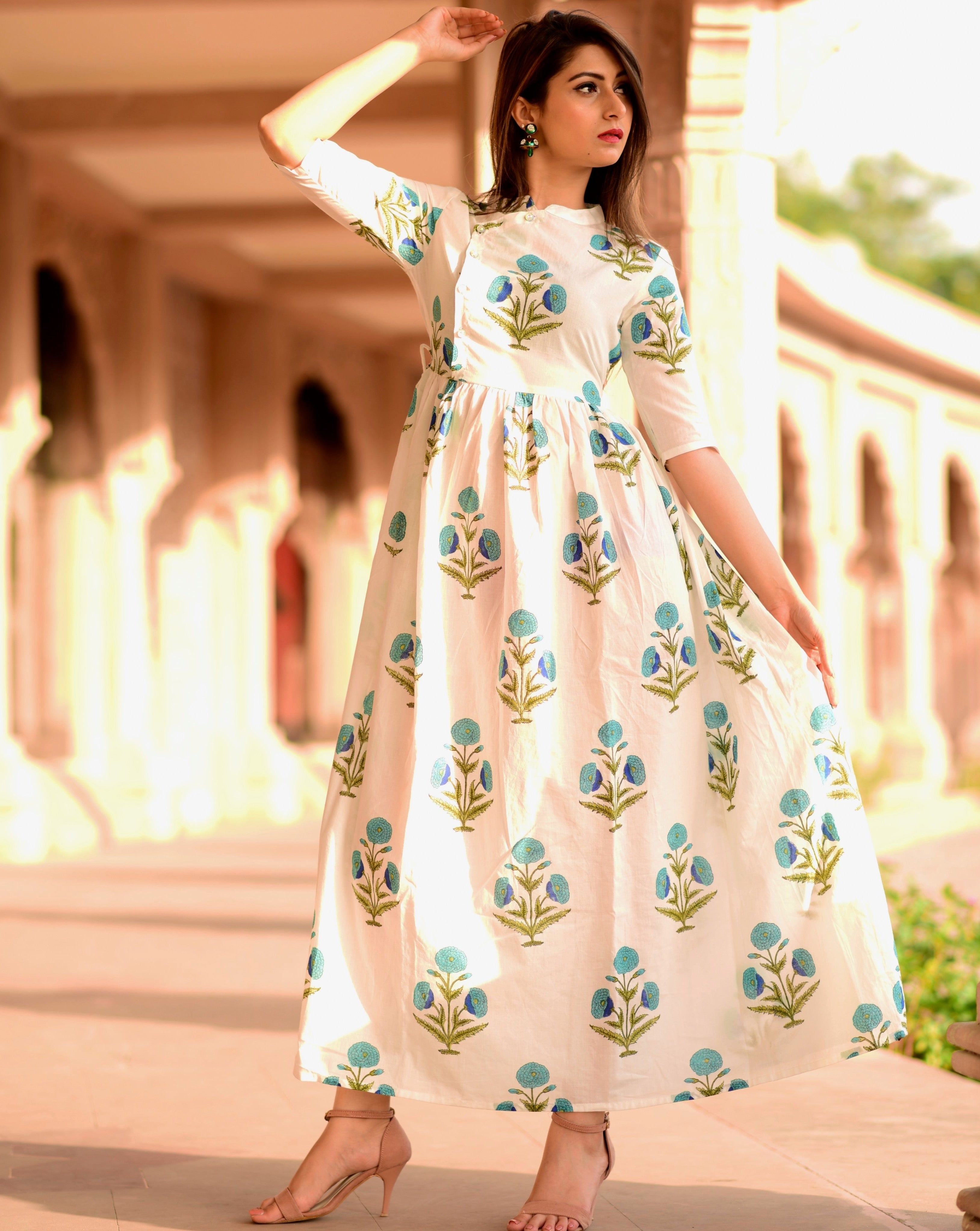 White & blue floral dress