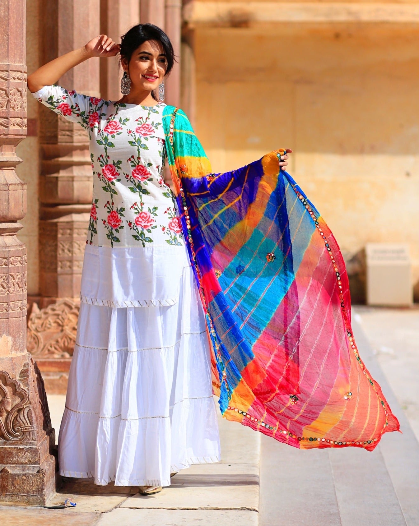 Rose Pink Kurta Set With Multi-Coloured Lehariya Dupatta