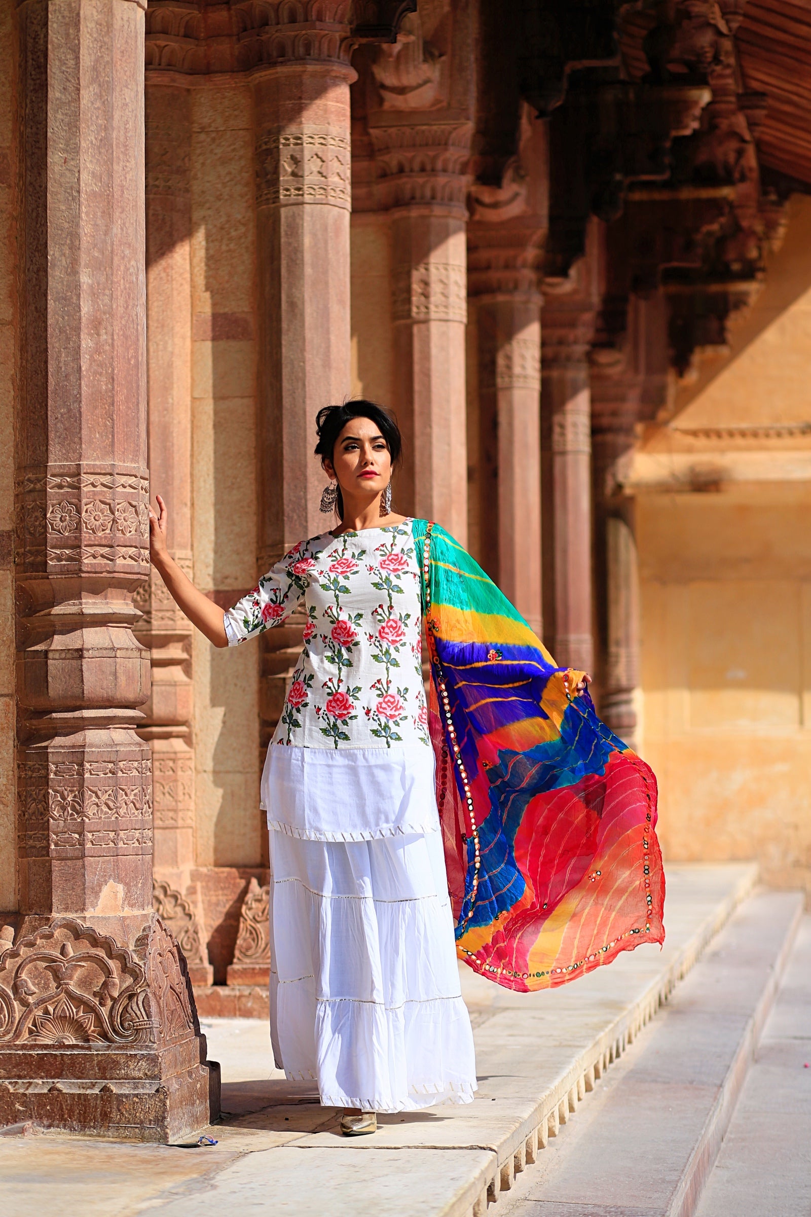 Rose Pink Kurta Set With Multi-Coloured Lehariya Dupatta