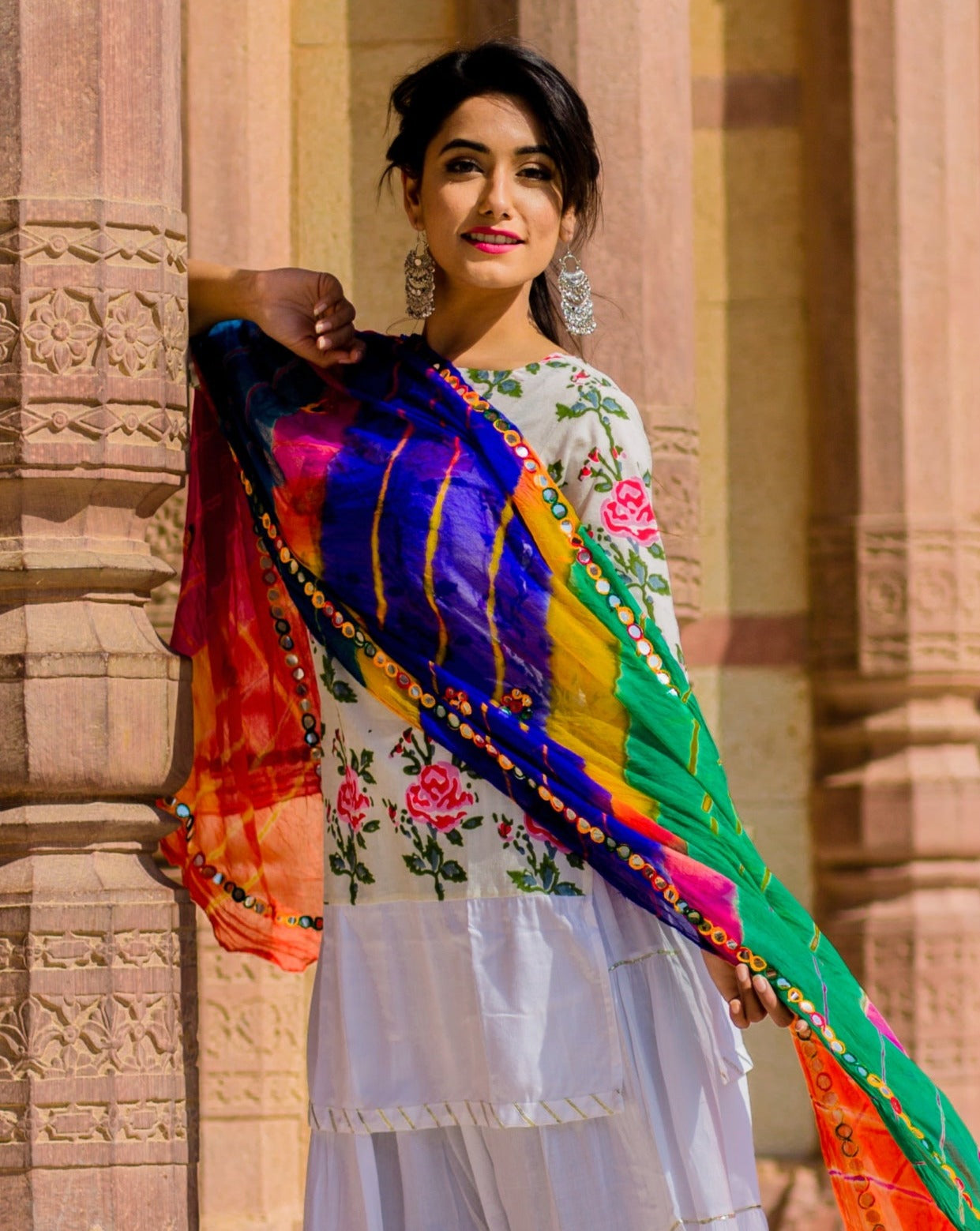 Rose Pink Kurta Set With Multi-Coloured Lehariya Dupatta