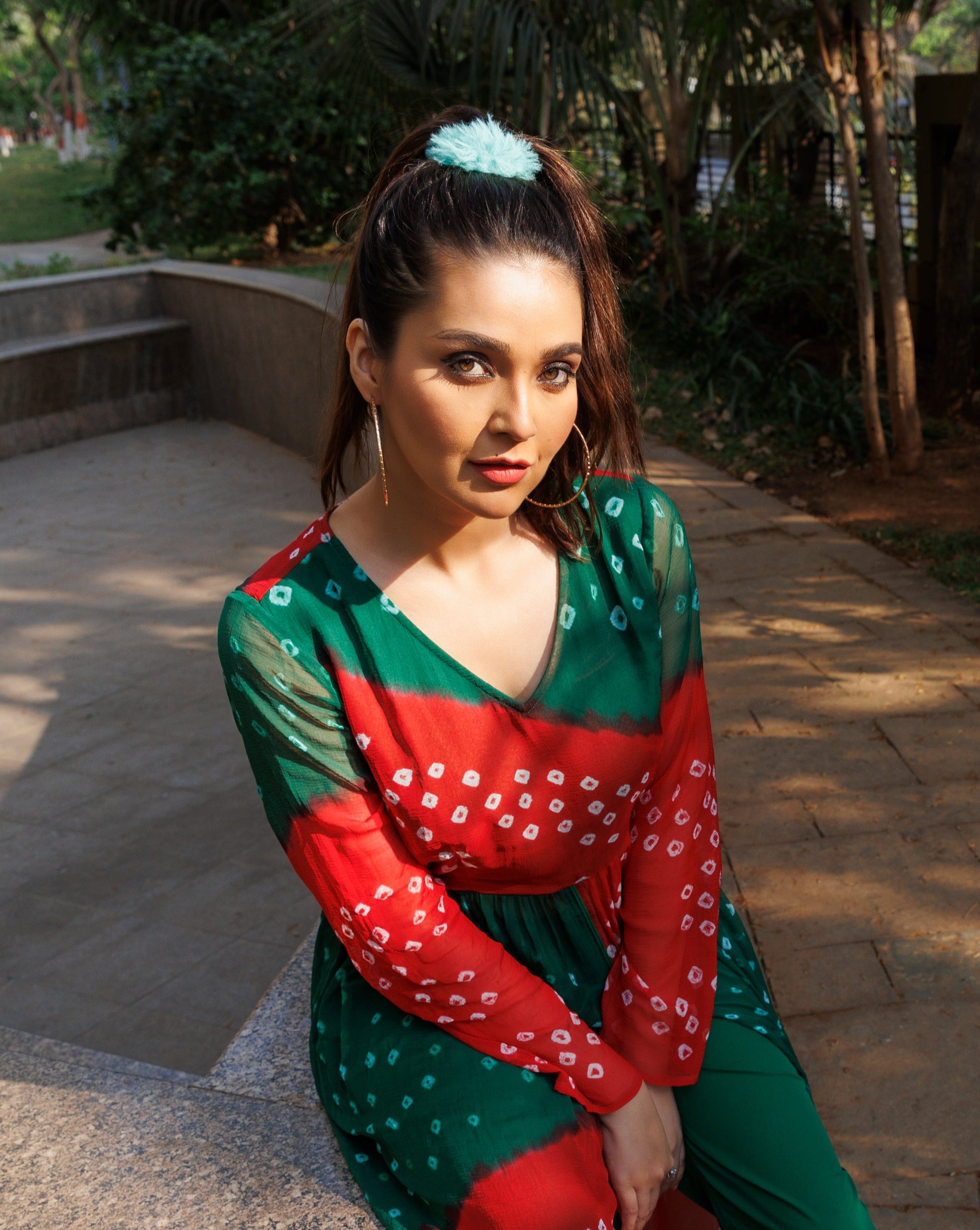 Red Green Multicolour Bandhej Kurta Set