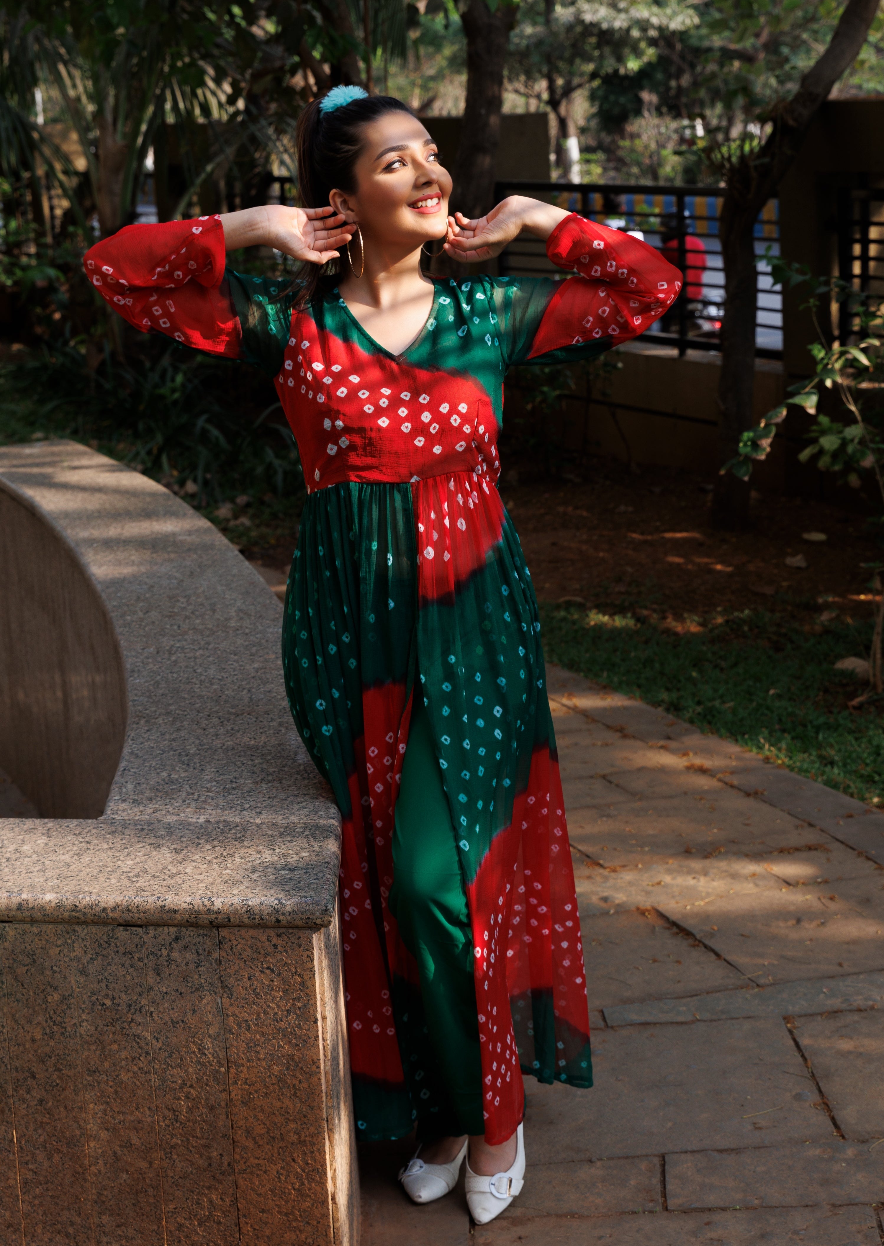 Red Green Multicolour Bandhej Kurta Set