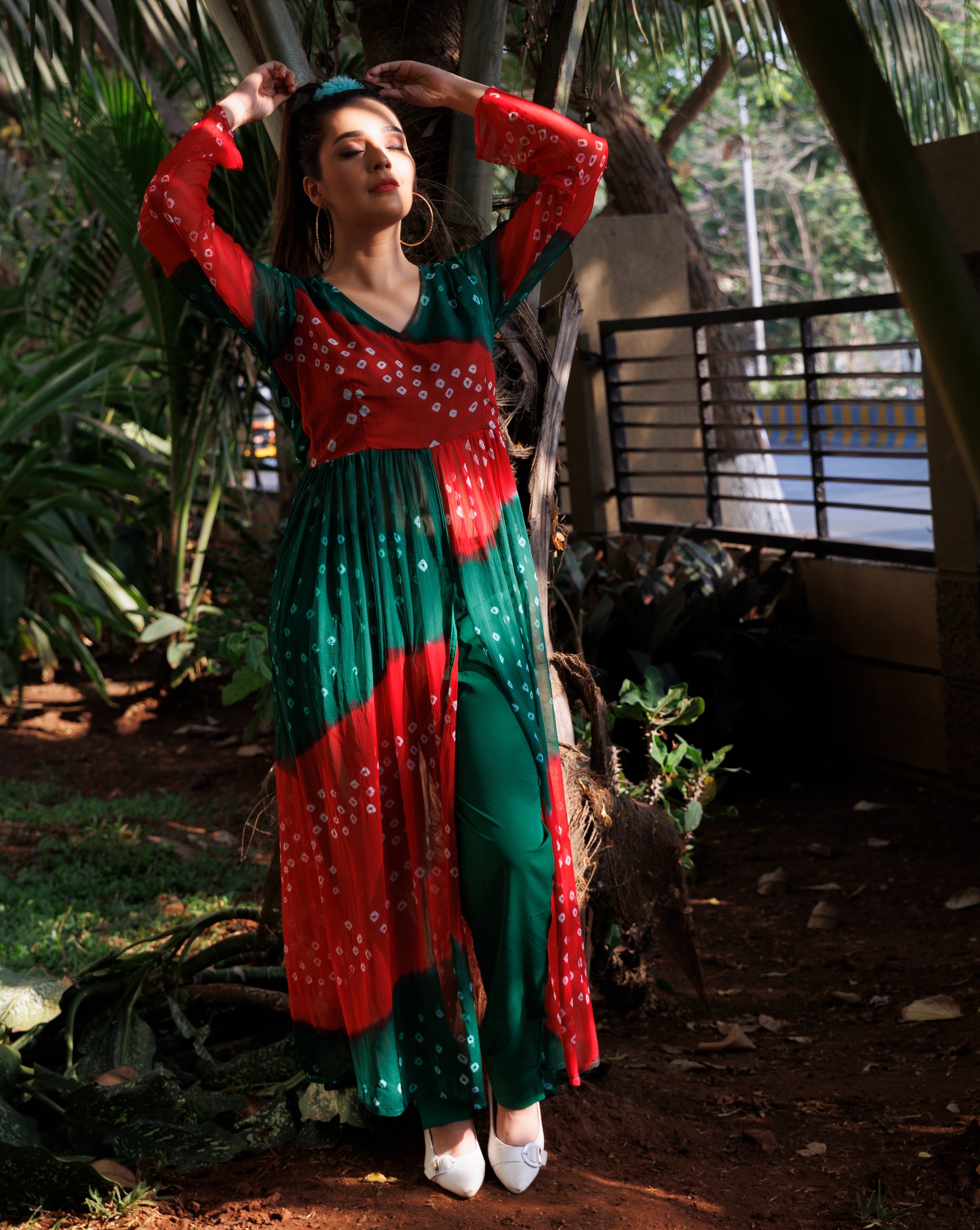 Red Green Multicolour Bandhej Kurta Set