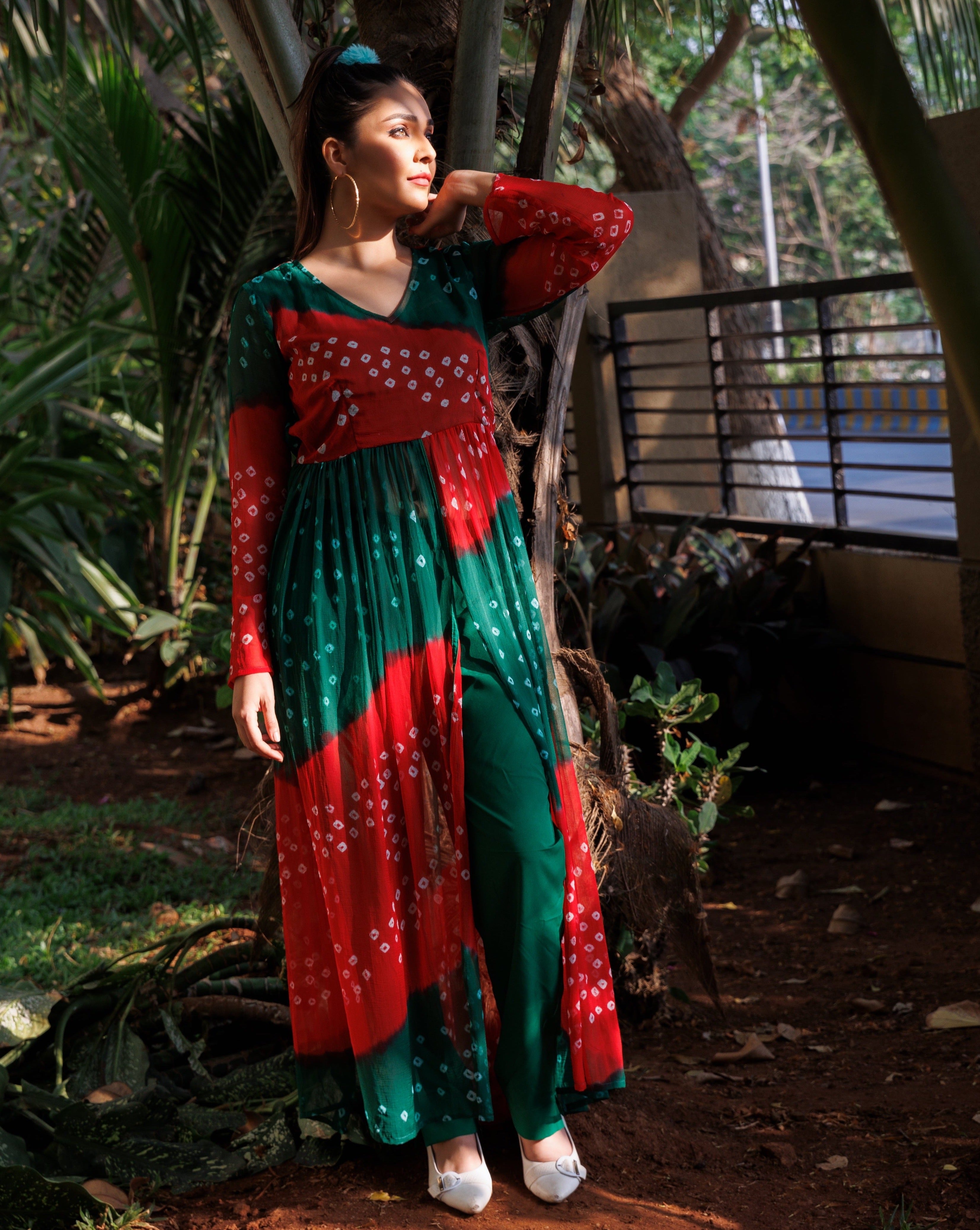 Red Green Multicolour Bandhej Kurta Set