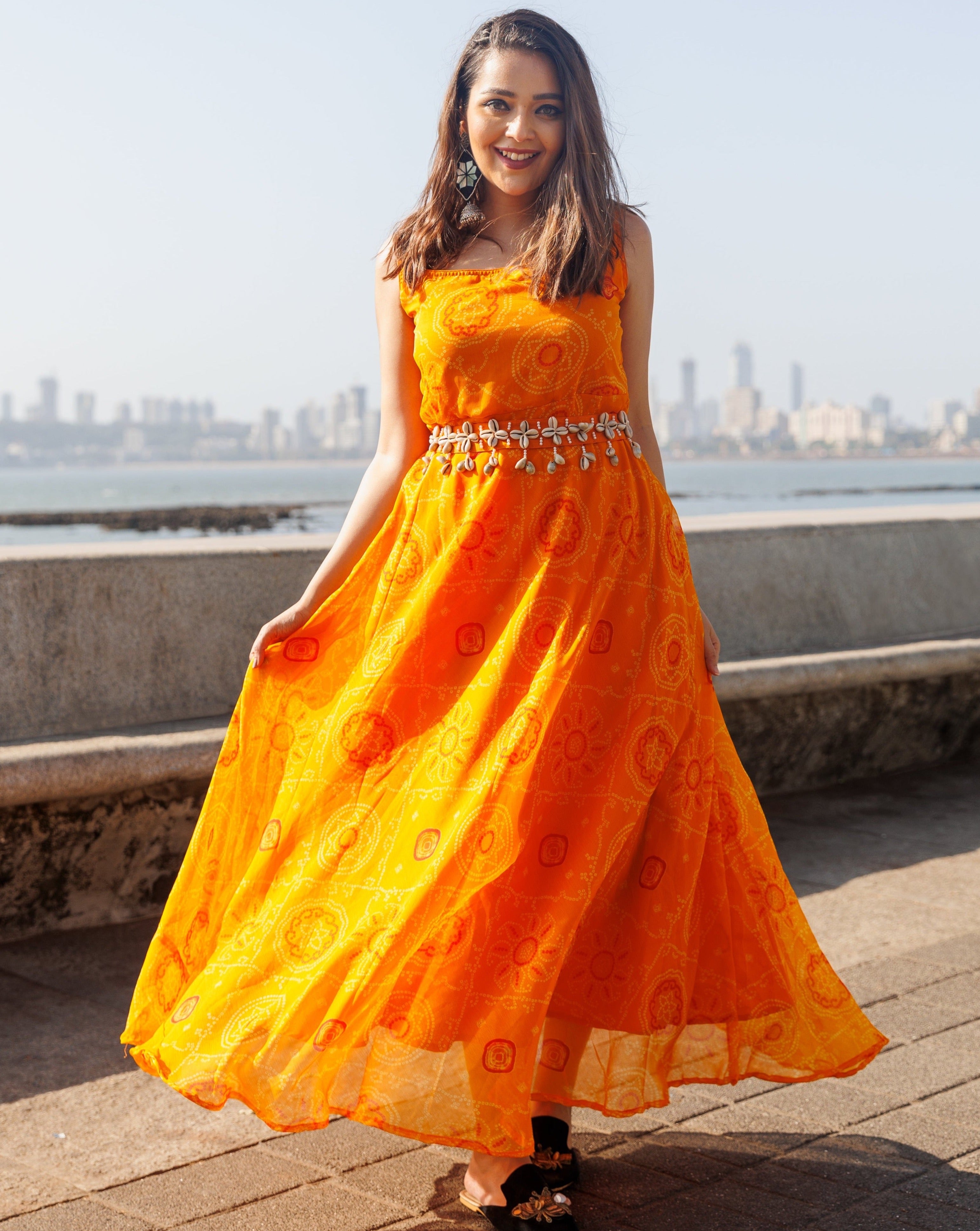 Poppy Orange Bandhej Dress With Belt