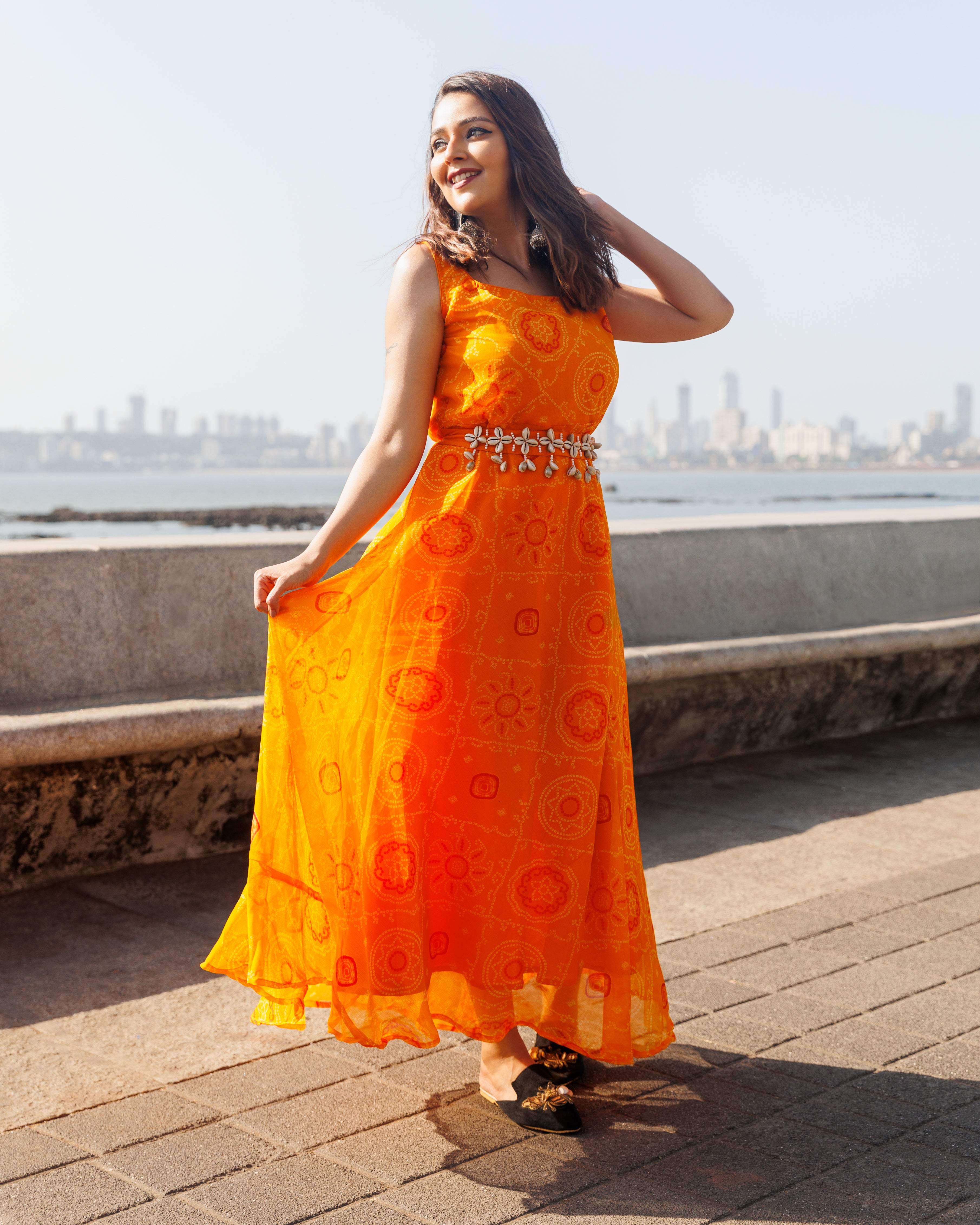 Poppy Orange Bandhej Dress With Belt
