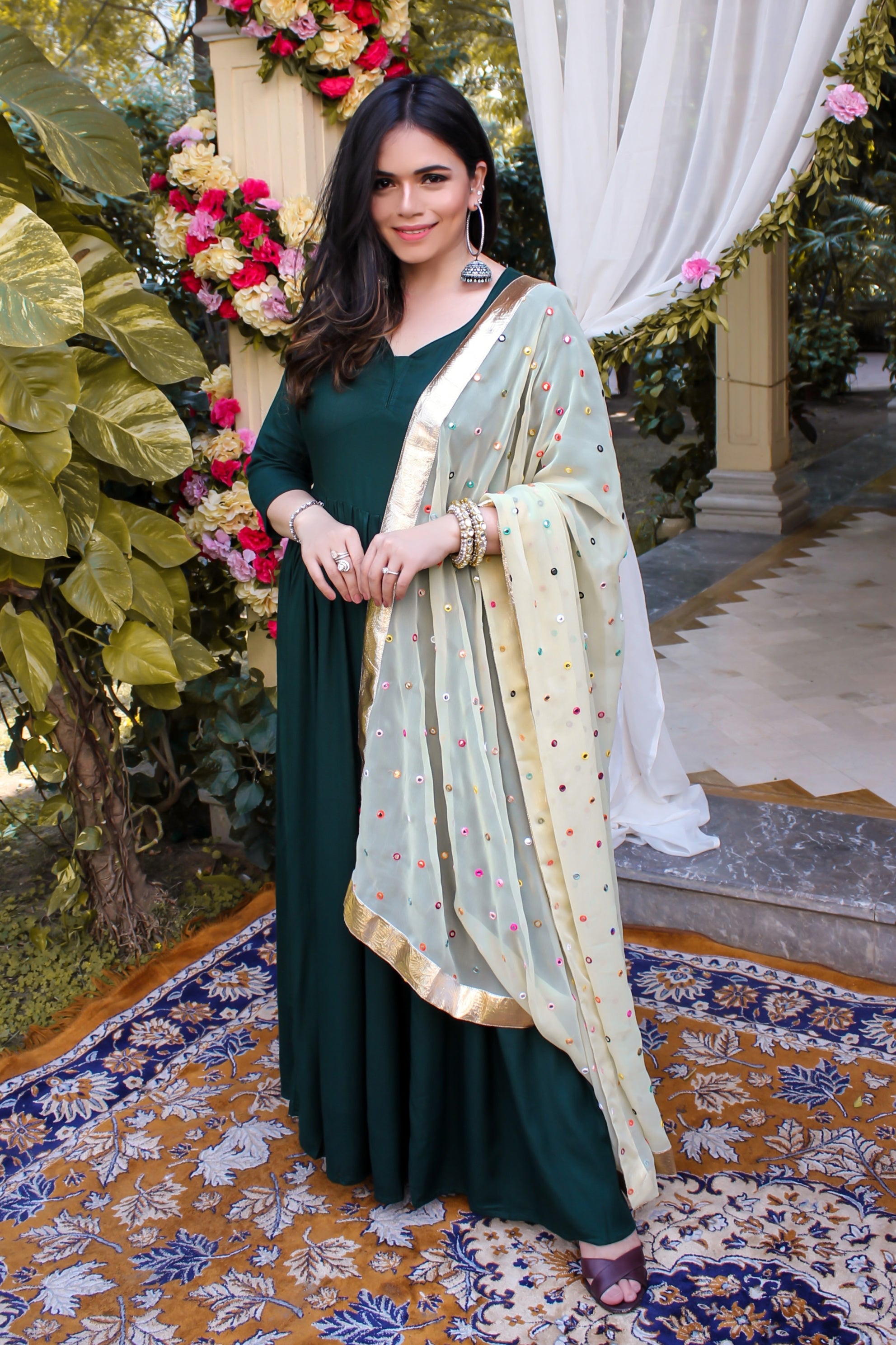 Bottle Green kanchali Neck Suit Set