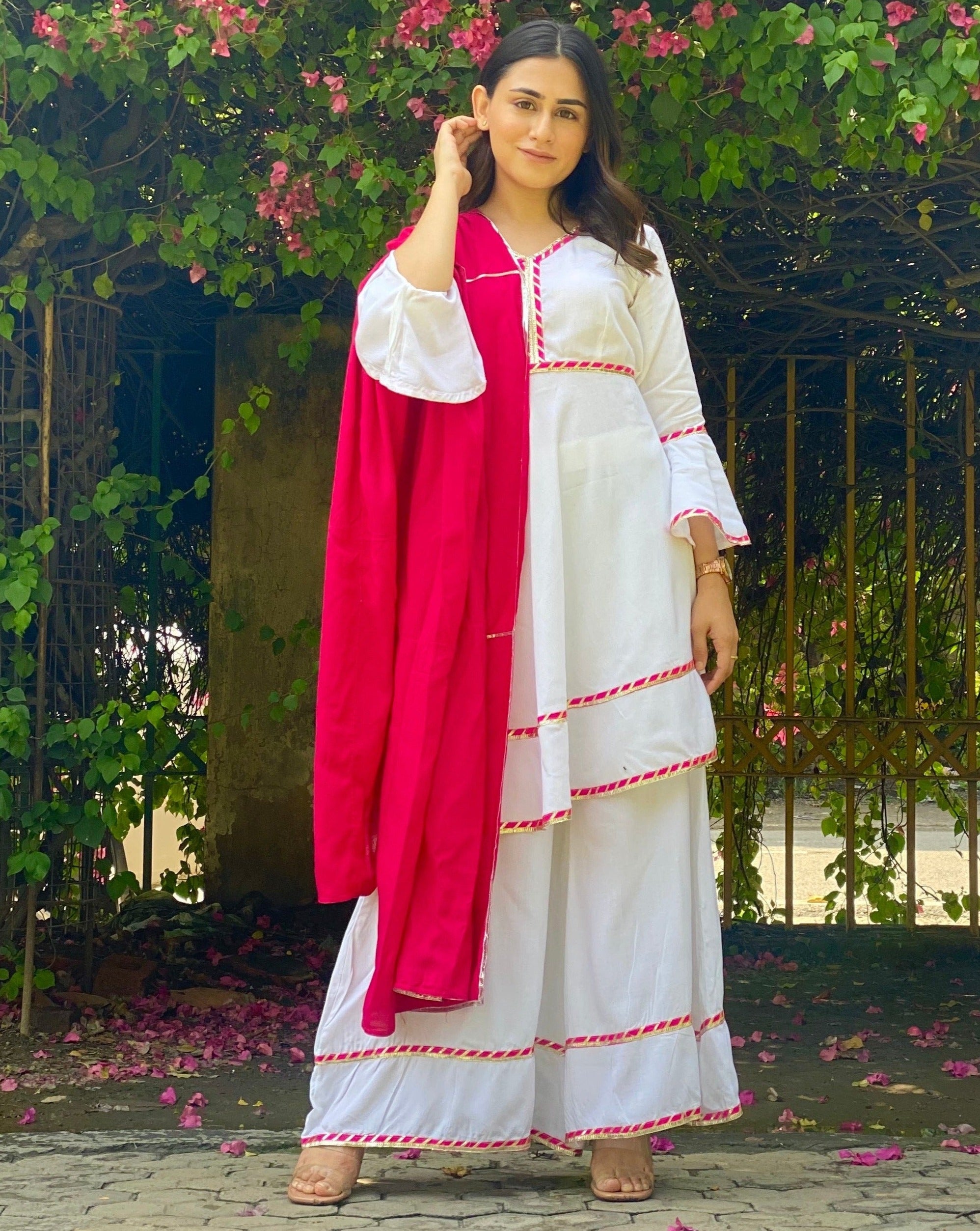 Shiny White Pink Neckline Suit Set