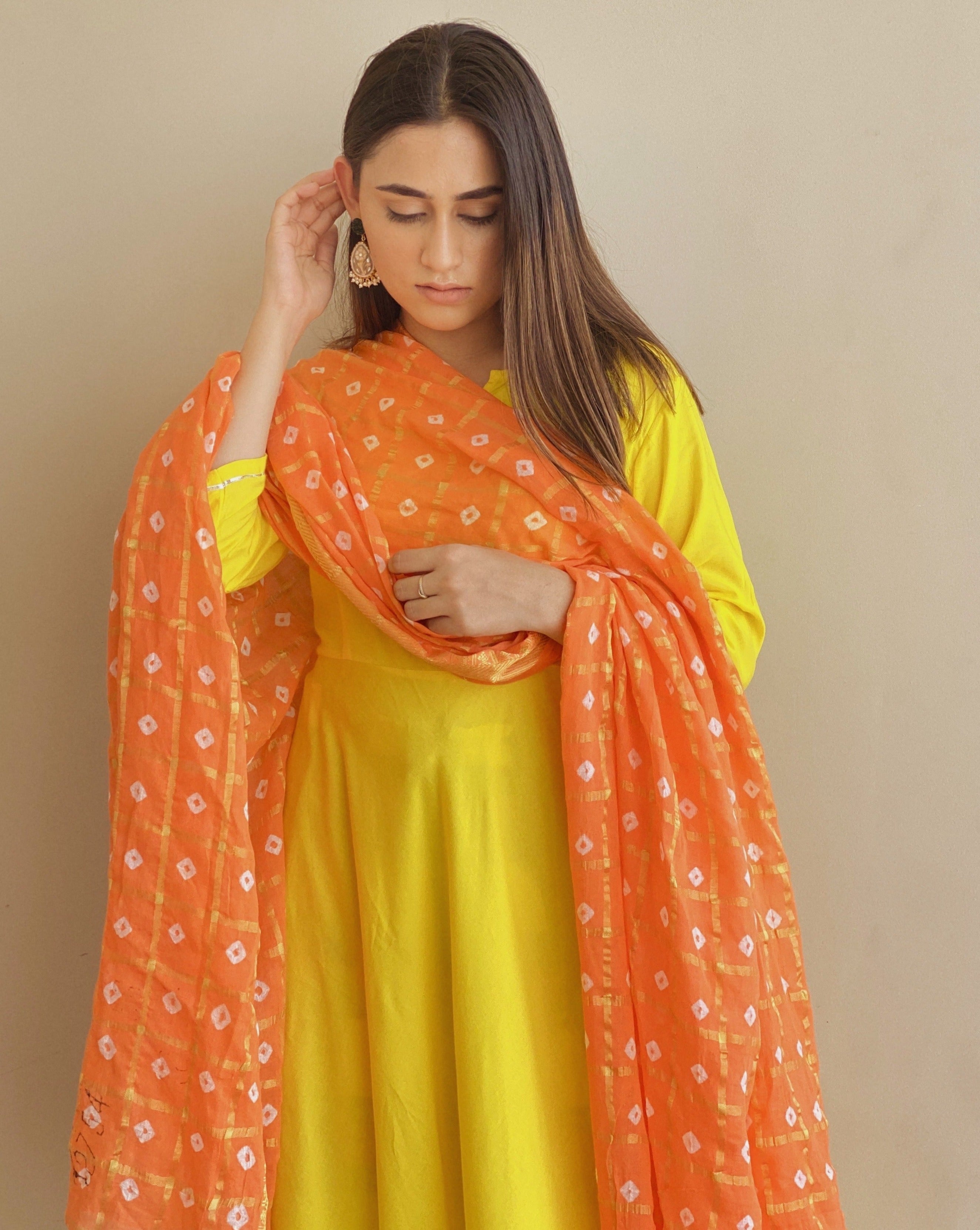 Shiny Yellow Maxi Dress With Dupatta