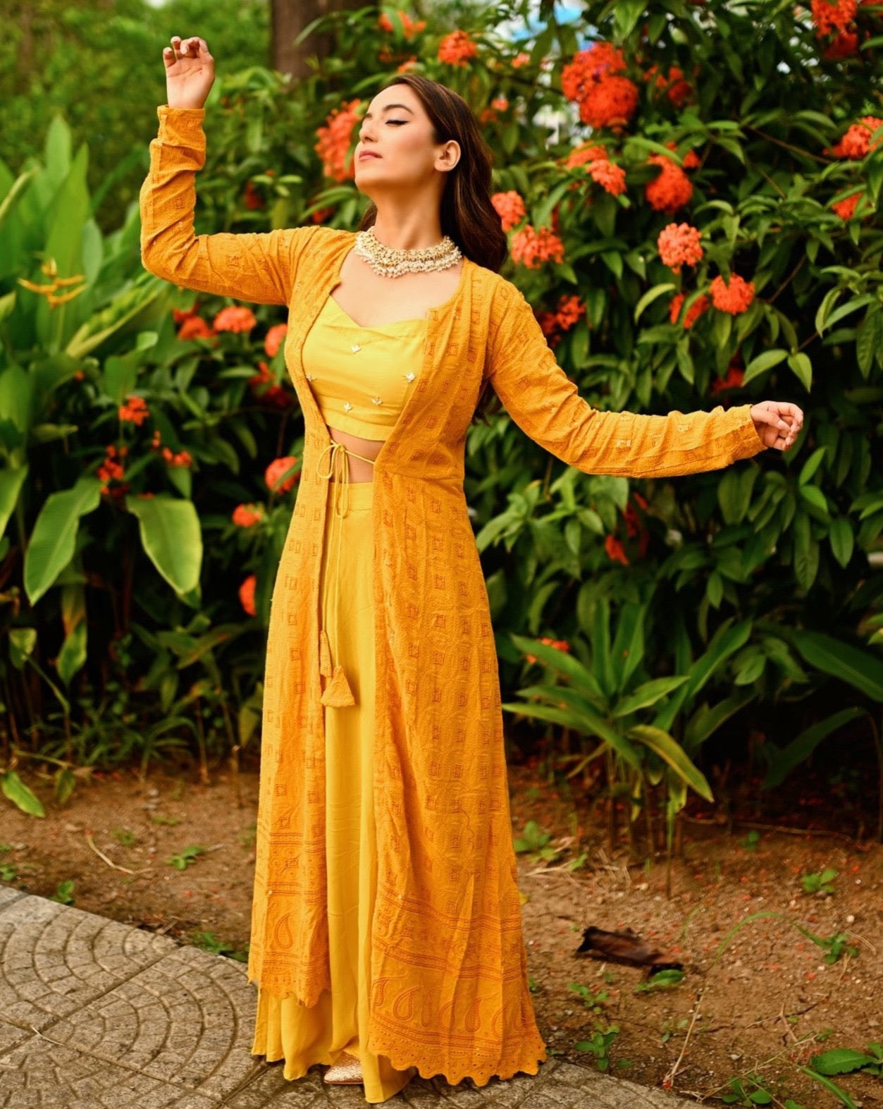 Mustard Yellow Chikankari Skirt Set With Jacket