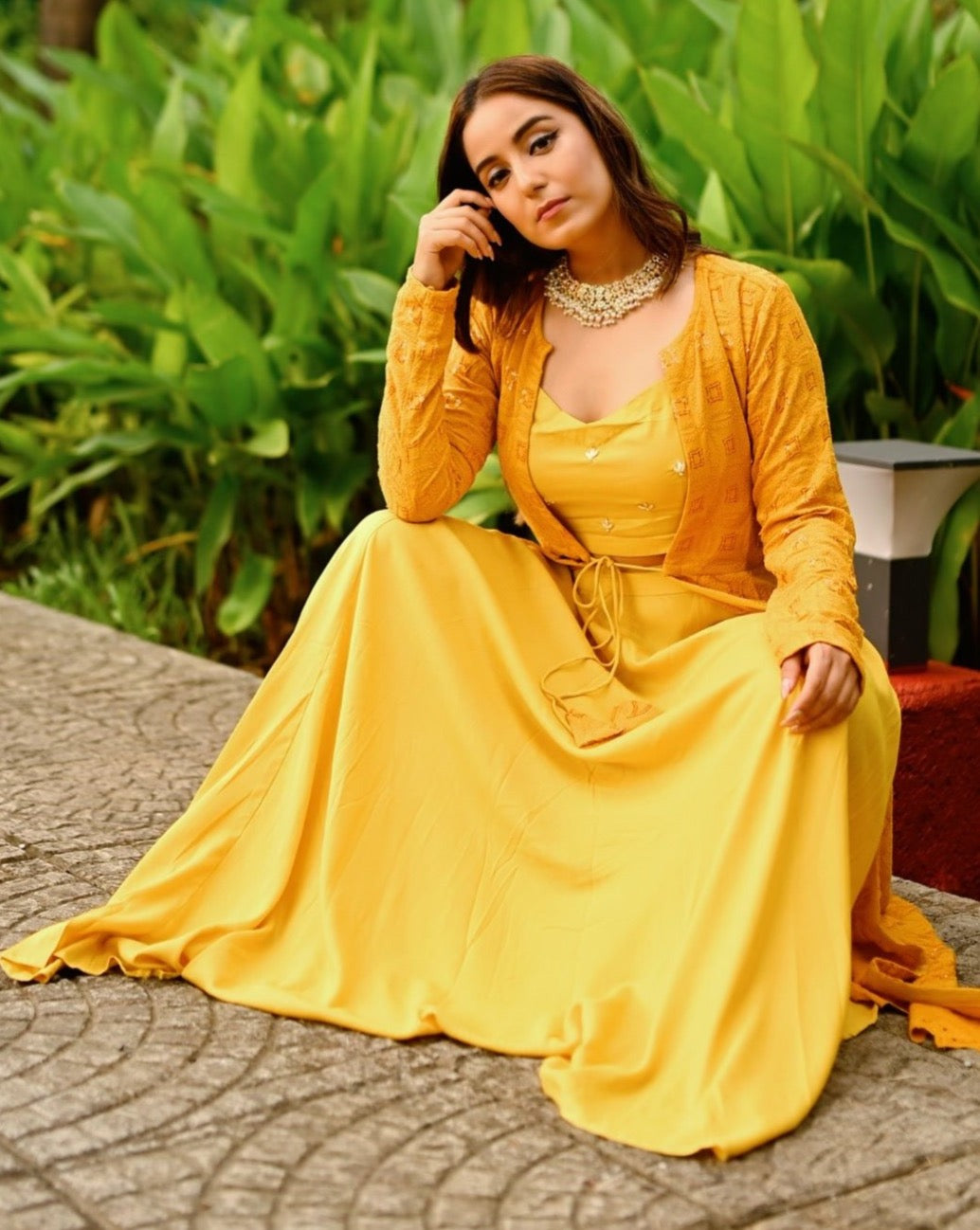 Mustard Yellow Chikankari Skirt Set With Jacket