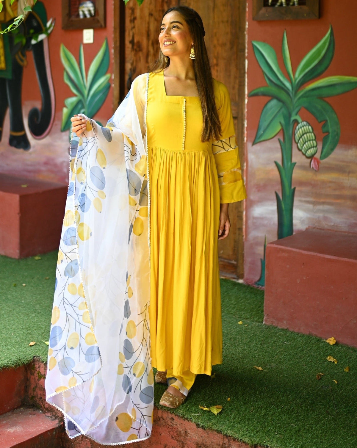 Yellow Organza Sleeves Pattern Suit Set