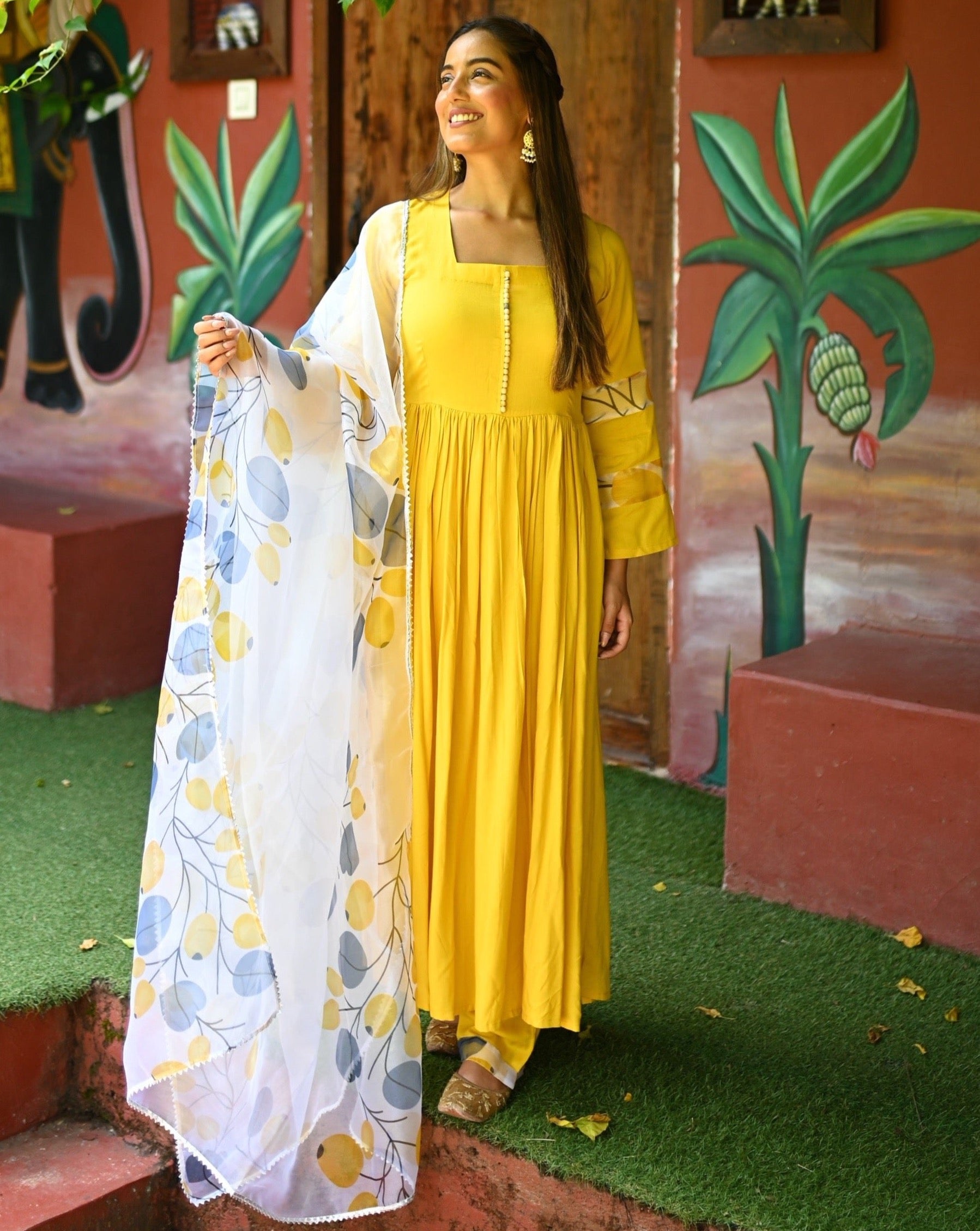 Yellow Organza Sleeves Pattern Suit Set