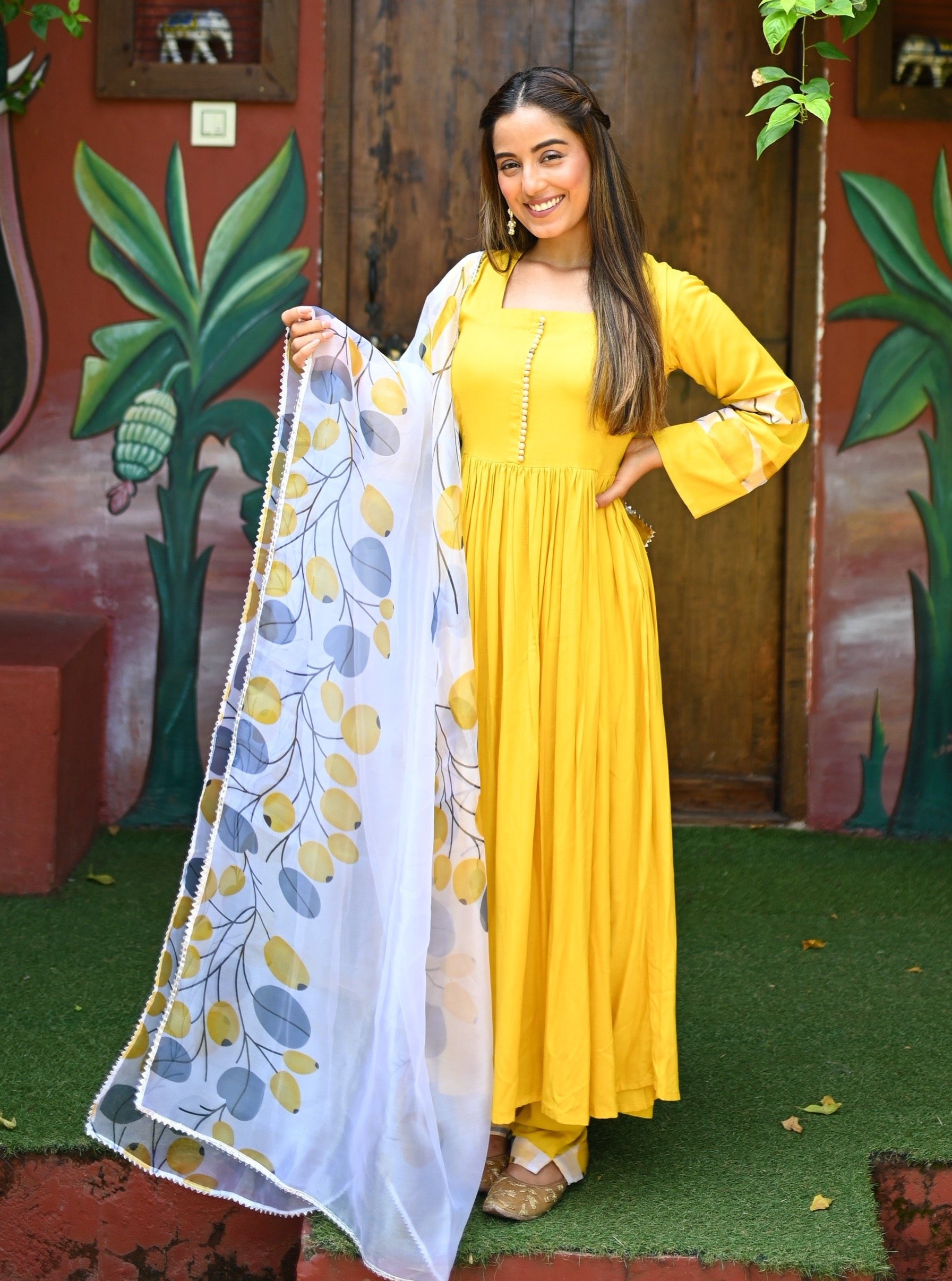 Yellow Organza Sleeves Pattern Suit Set