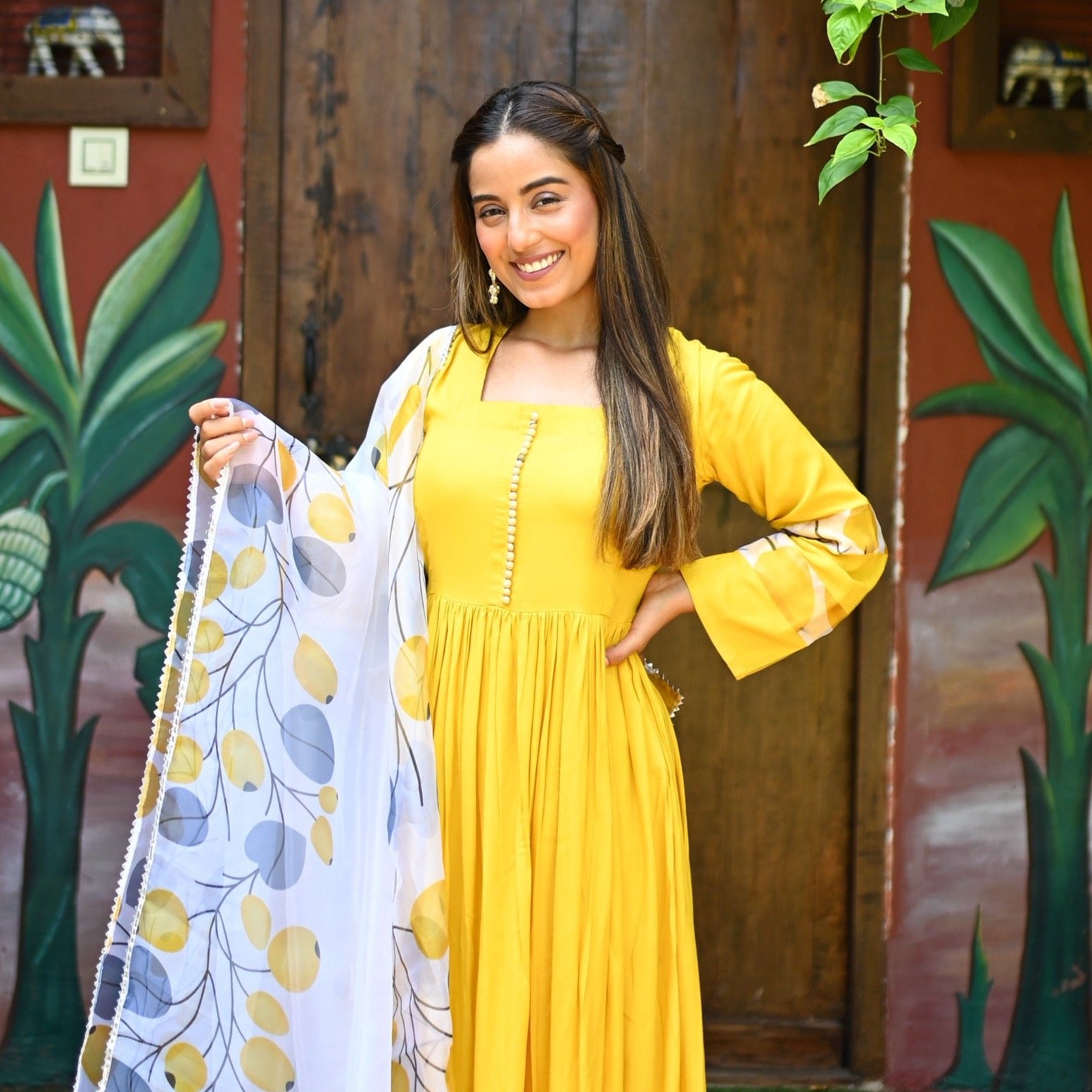 Yellow Organza Sleeves Pattern Suit Set