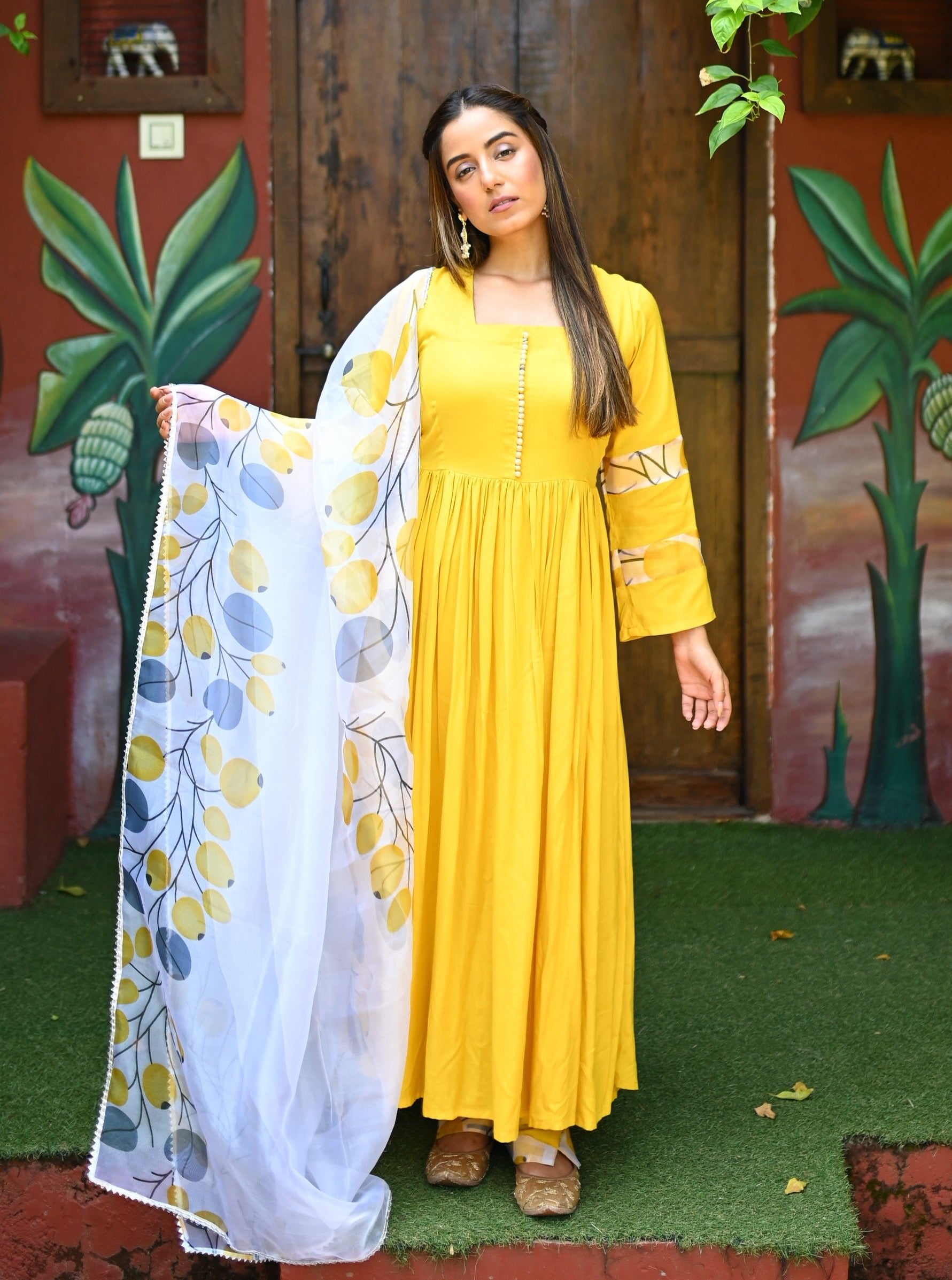 Yellow Organza Sleeves Pattern Suit Set