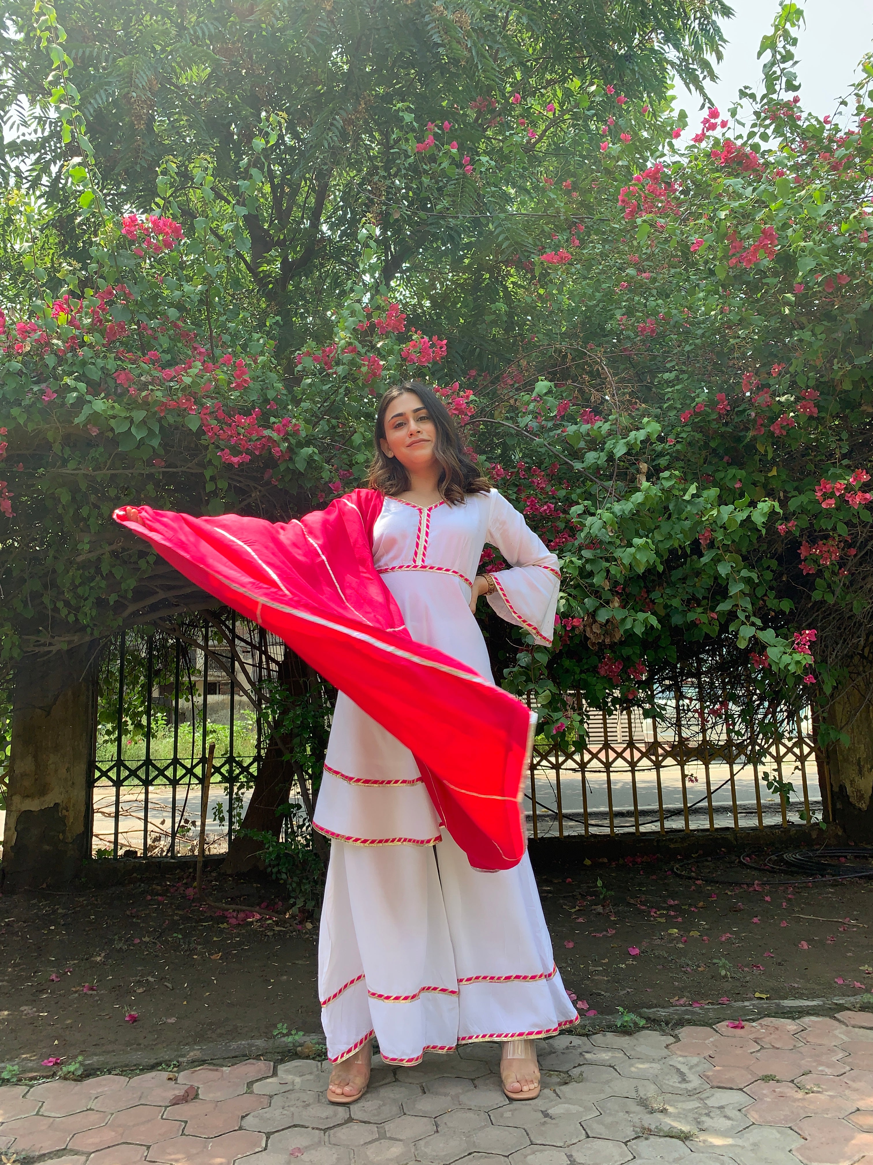 Shiny White Pink Neckline Suit Set