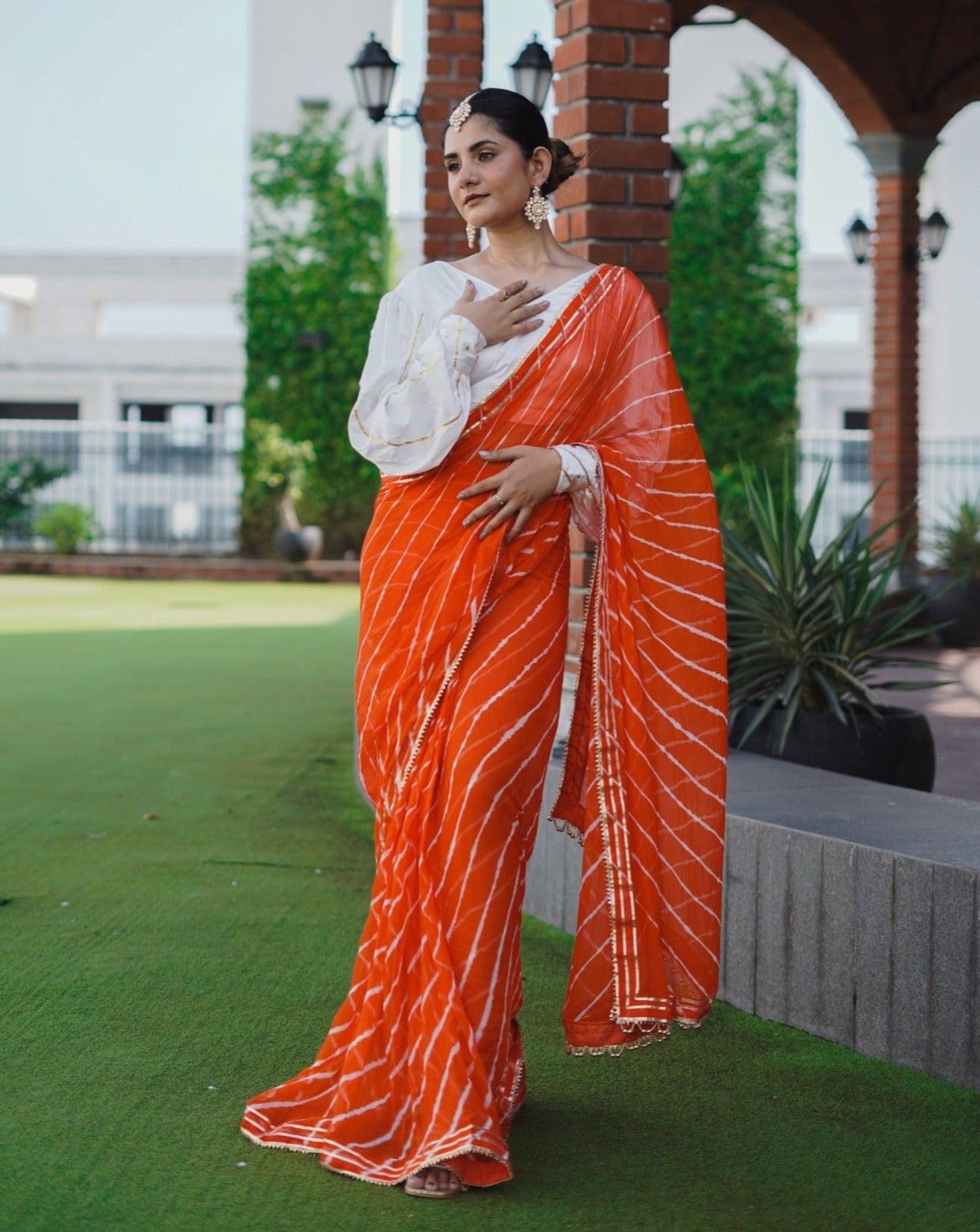 Lipstick Orange Leheriya Saree