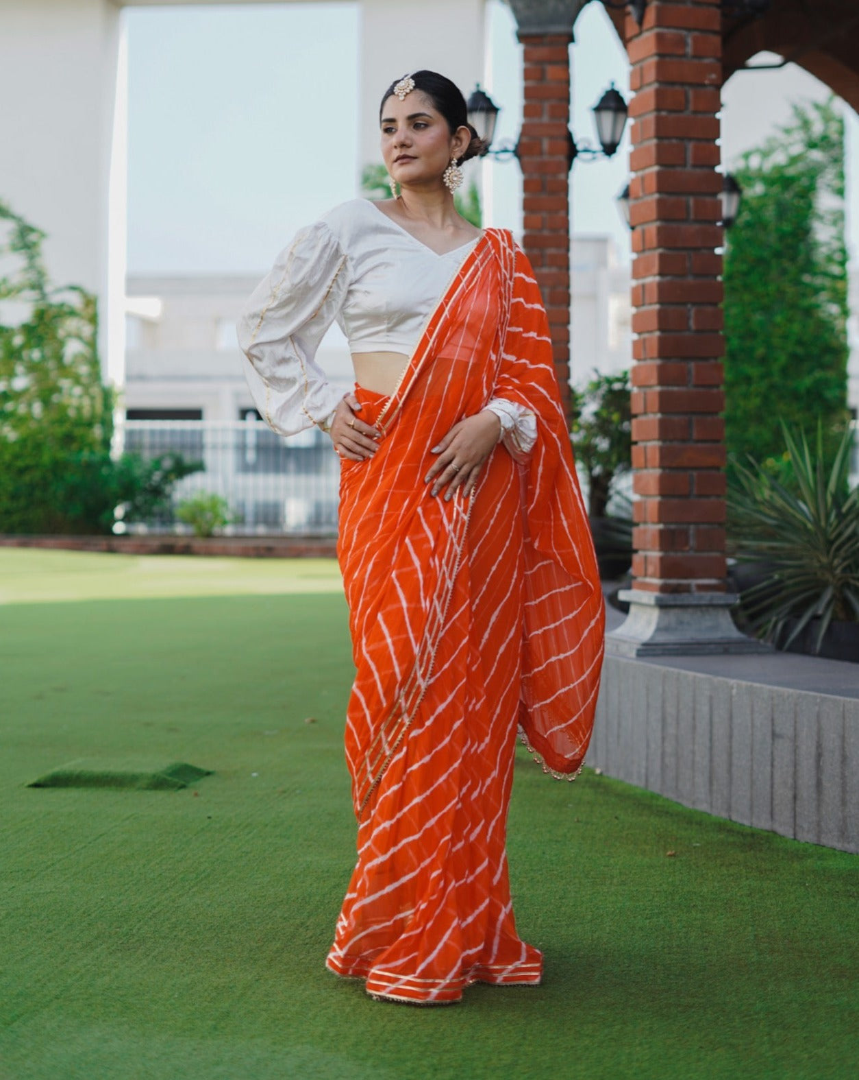 Lipstick Orange Leheriya Saree