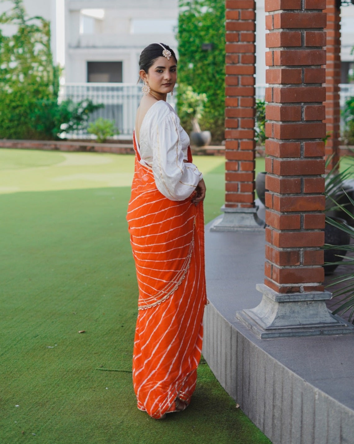 Lipstick Orange Leheriya Saree