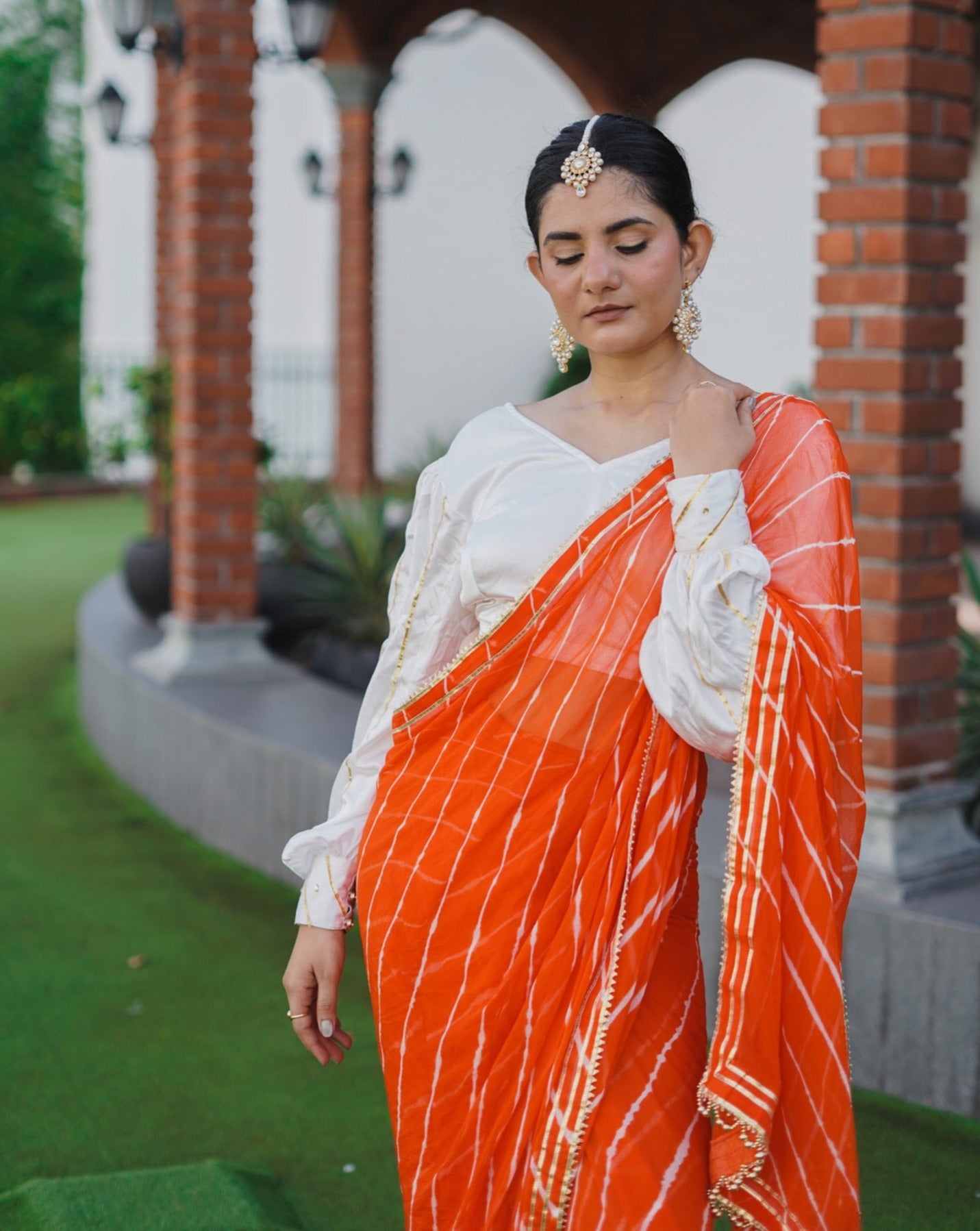 Lipstick Orange Leheriya Saree