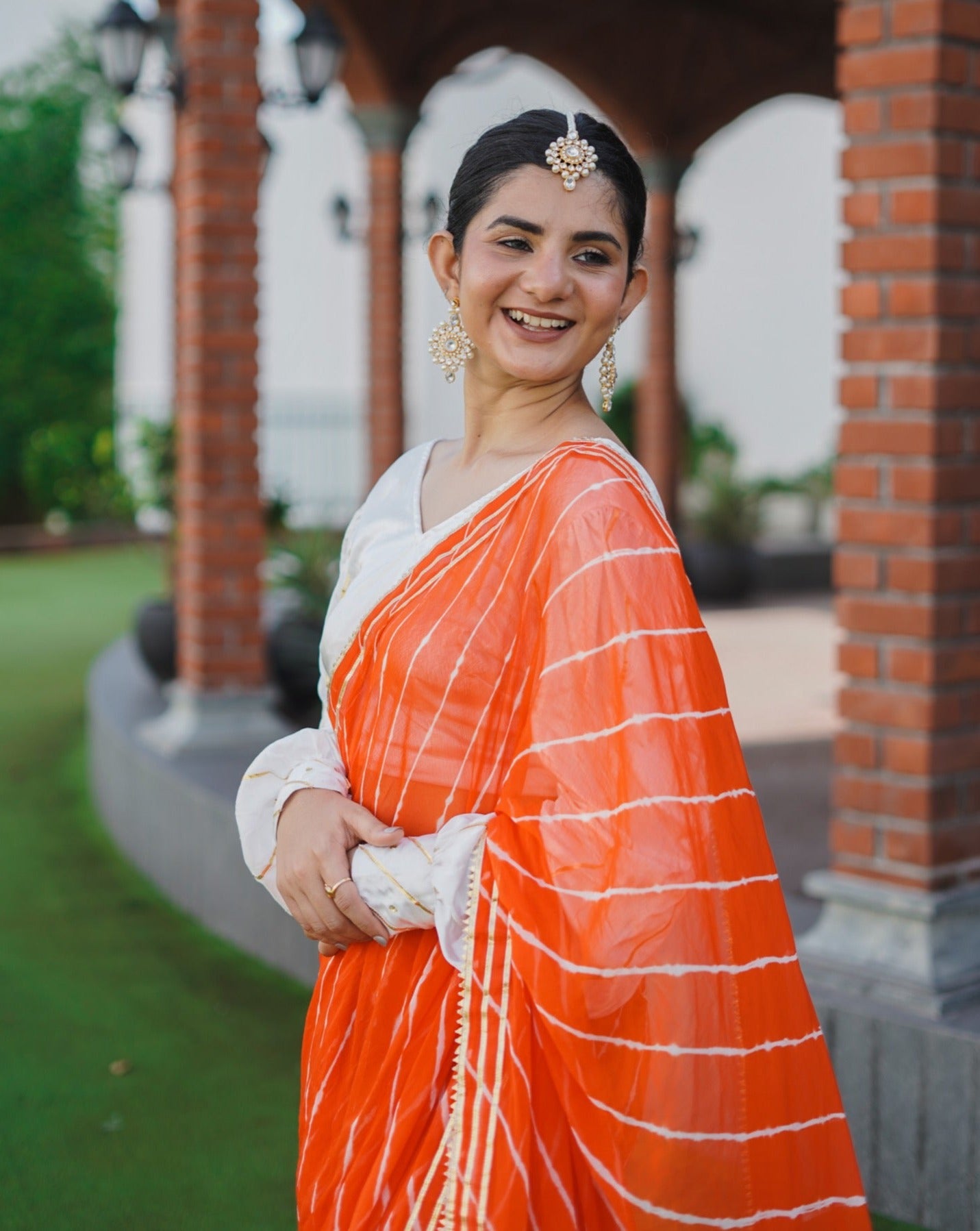 Lipstick Orange Leheriya Saree