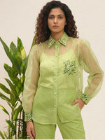 Pea Pod Green Organza Shirt with Balloon Sleeves