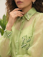 Pea Pod Green Organza Shirt with Balloon Sleeves