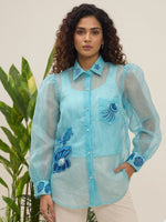 Ocean Blue Organza Balloon Sleeve Shirt