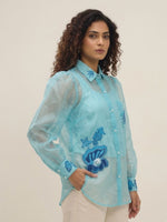 Ocean Blue Organza Balloon Sleeve Shirt