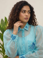 Ocean Blue Organza Balloon Sleeve Shirt