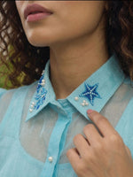 Ocean Blue Organza Balloon Sleeve Shirt