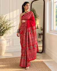 Ruhani Red Ajrakh Modal satin Handwork Saree