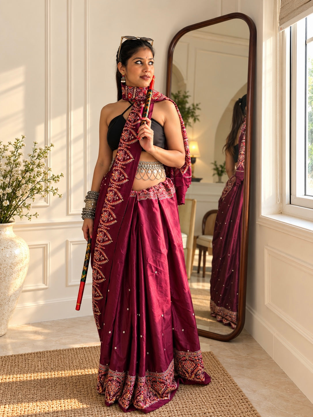 Ruhani Burgundy Ajrakh Modal satin Handwork Saree