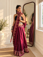 Ruhani Burgundy Ajrakh Modal satin Handwork Saree
