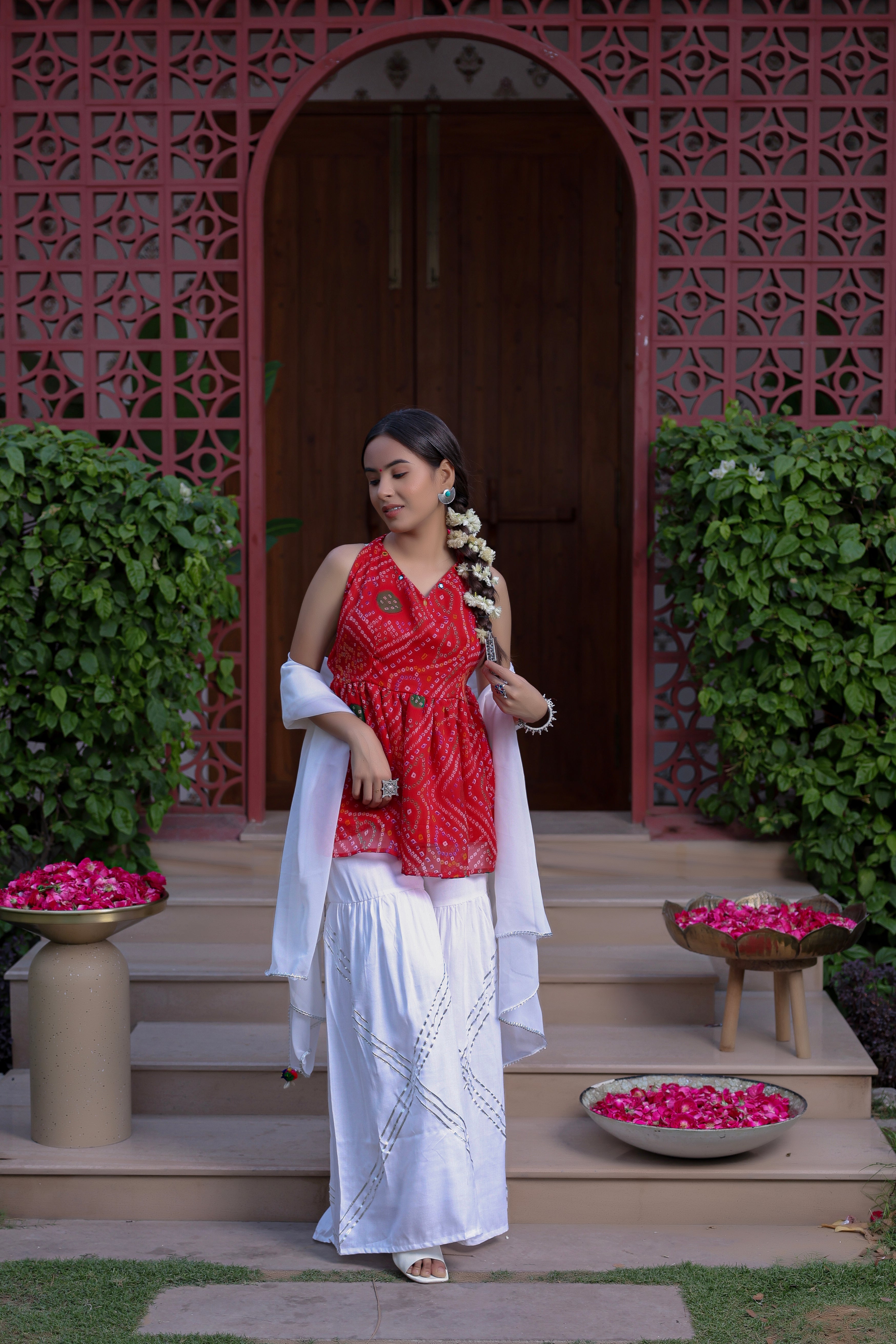 Siena Red Bandhani Kurta Shahrara Set
