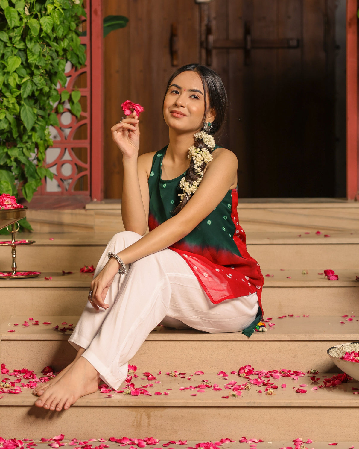 Red Green Bandhani Kurta Set