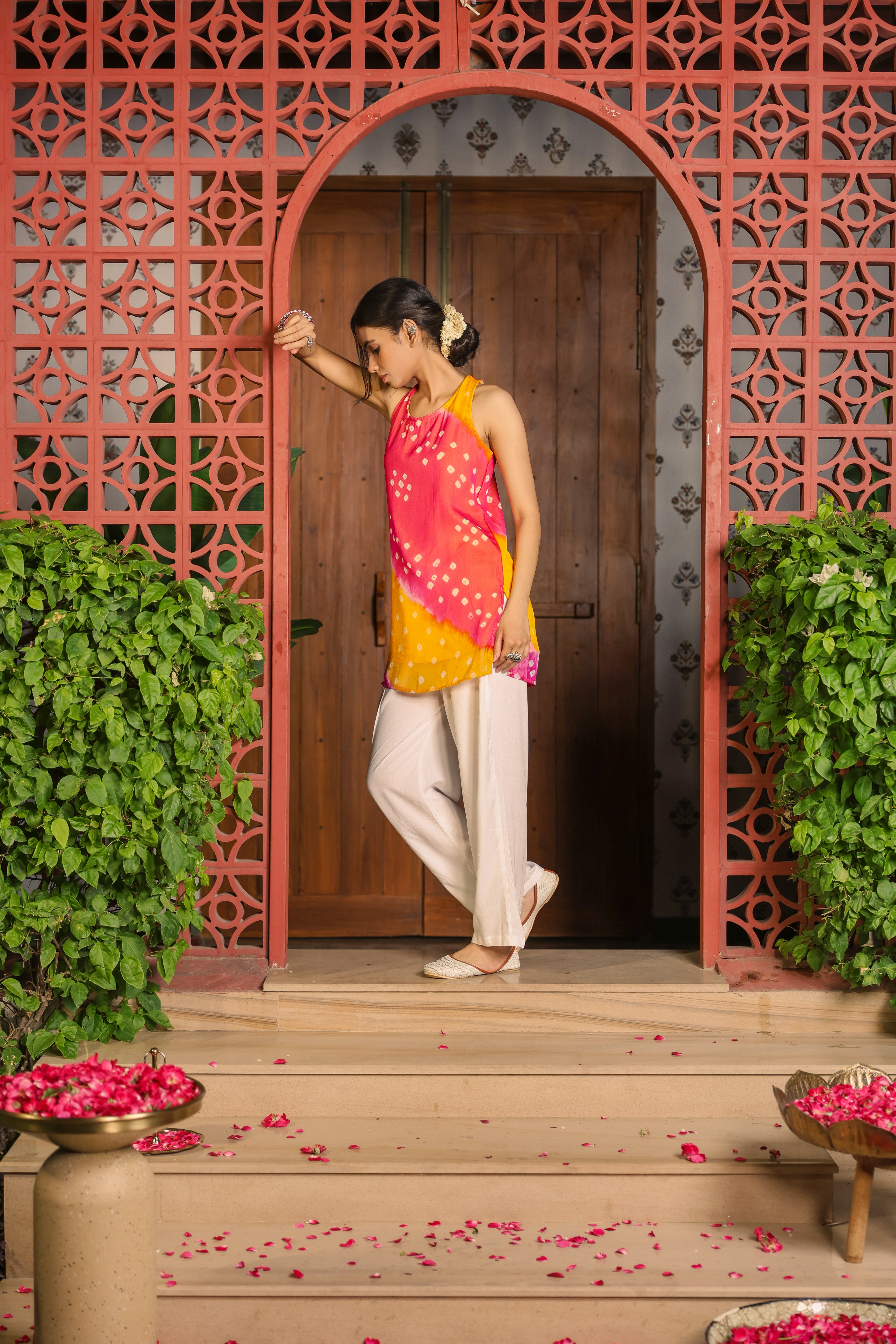 Rani Yellow Bandhej Kurta Set