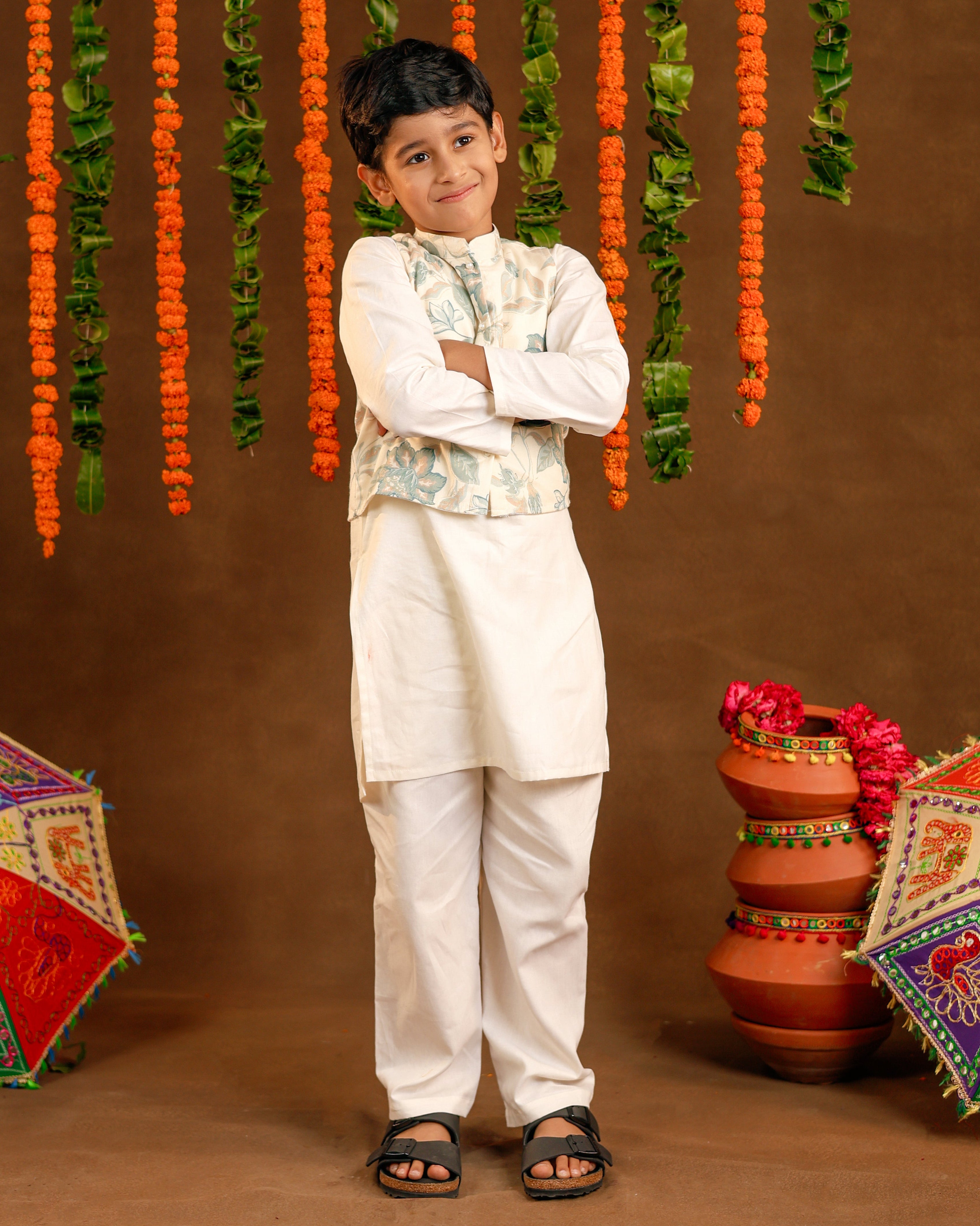 Printed White Jacket Kurta Set