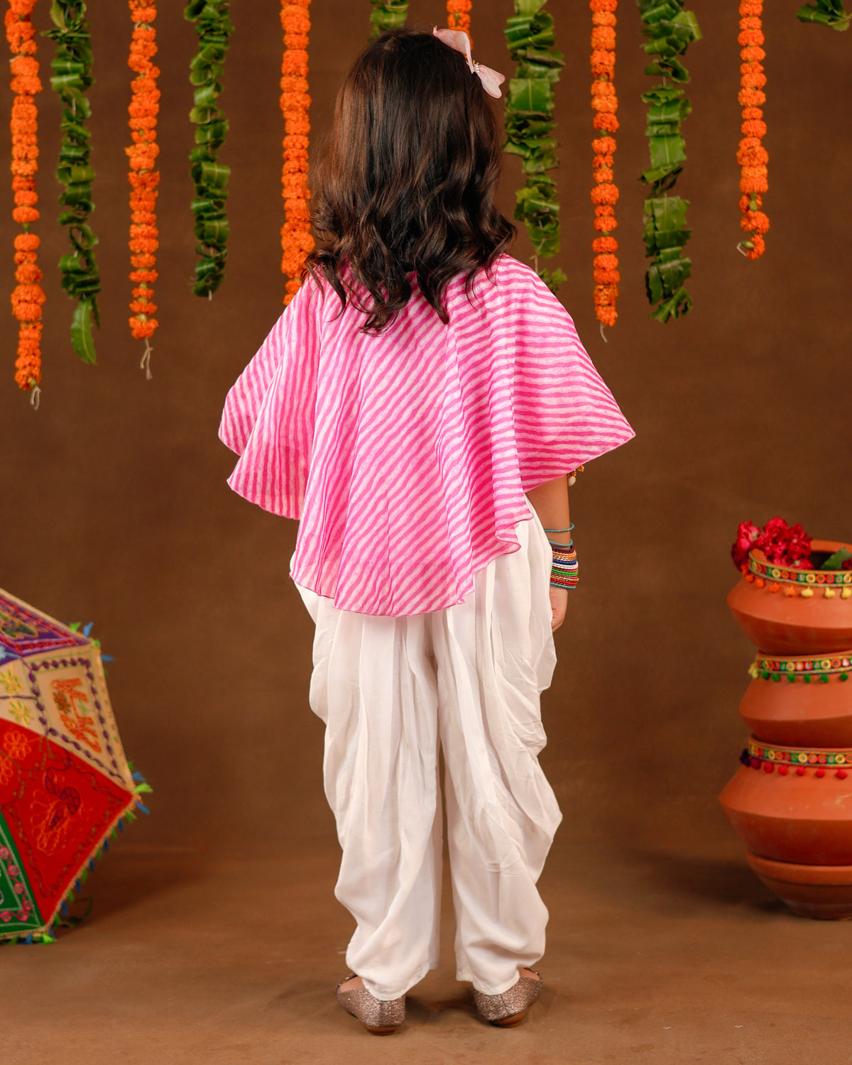 Girls Pink Leheriya Dhoti Set
