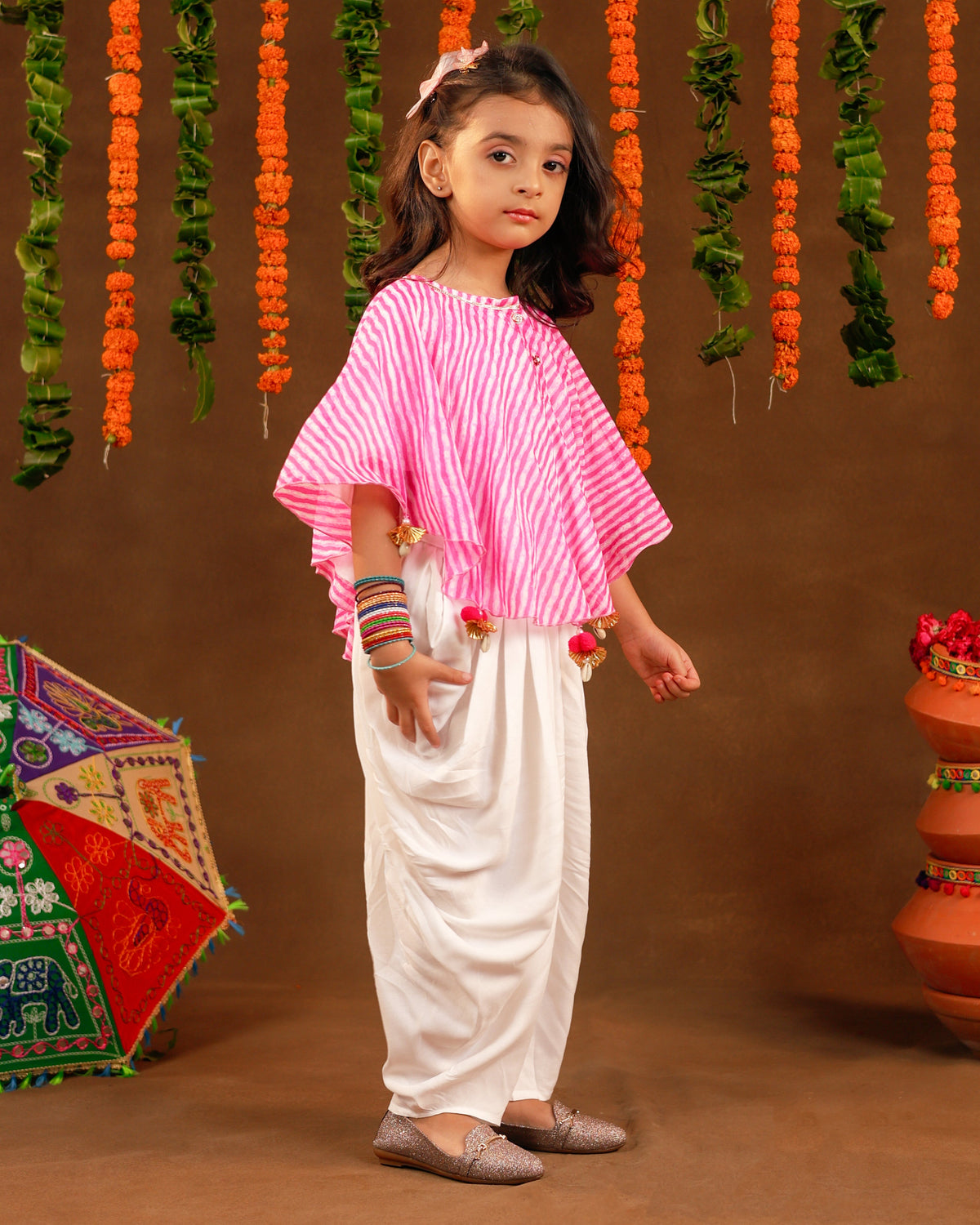 Girls Pink Leheriya Dhoti Set